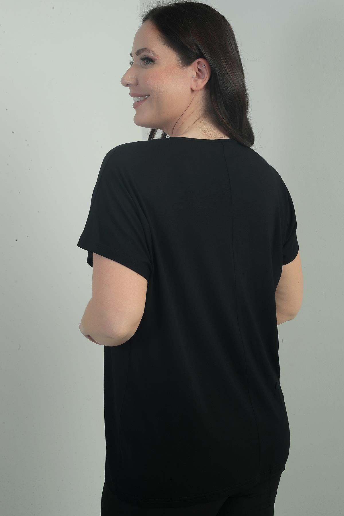 S-25Y0270007Kadın Omuzu Taş Baskılı V Yaka Yarasa Kol B.B. Bluz