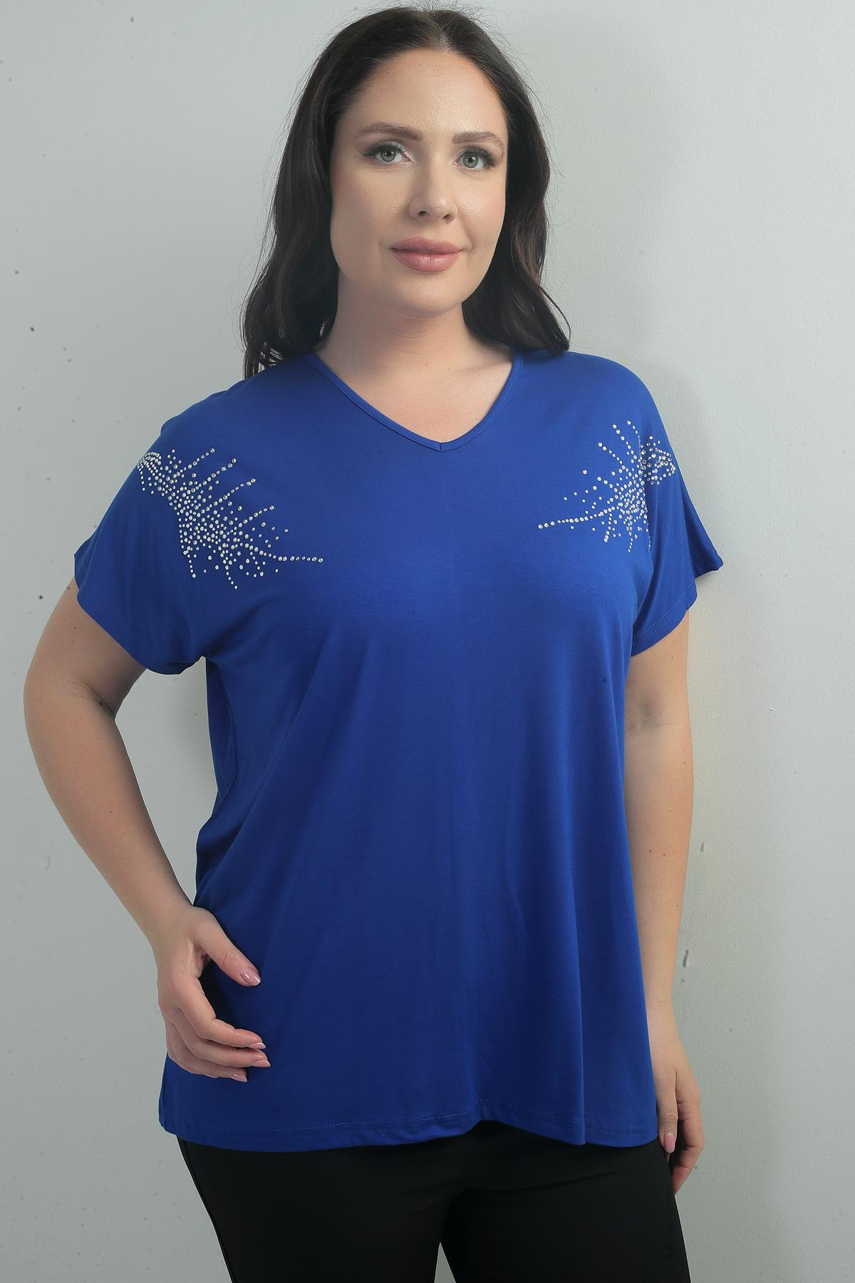 S-25Y0270007Kadın Omuzu Taş Baskılı V Yaka Yarasa Kol B.B. Bluz
