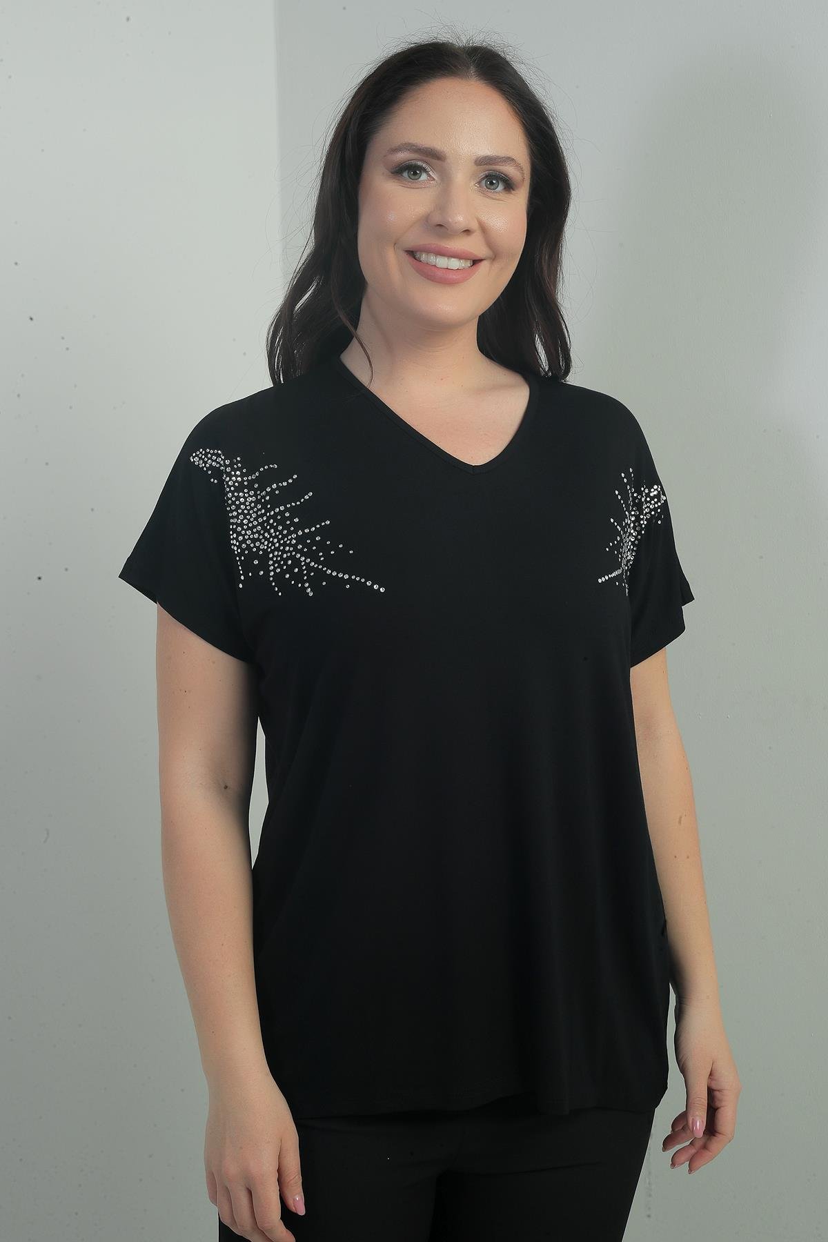 S-25Y0270007Kadın Omuzu Taş Baskılı V Yaka Yarasa Kol B.B. Bluz