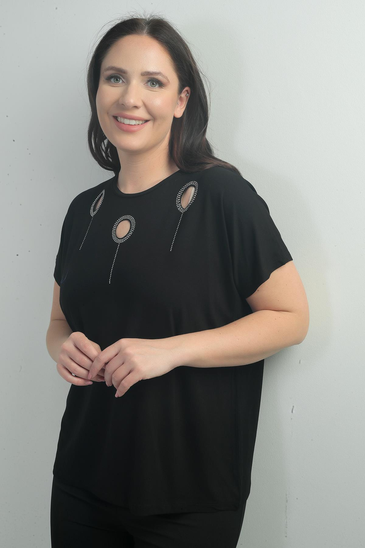 S-25Y0270010Kadın Omuzu Taş Baskılı Bisiklet Yaka Yarasa Kol B.B. Bluz