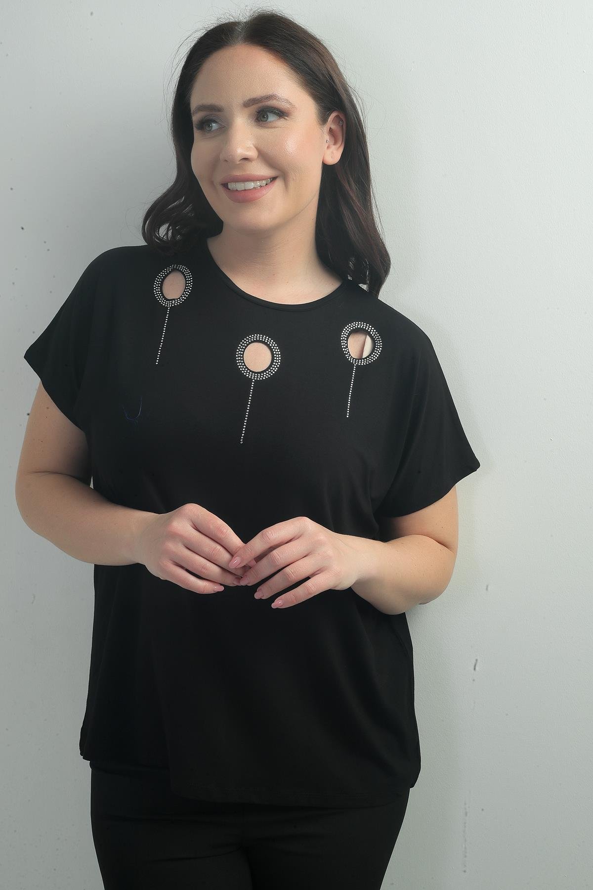 S-25Y0270010Kadın Omuzu Taş Baskılı Bisiklet Yaka Yarasa Kol B.B. Bluz