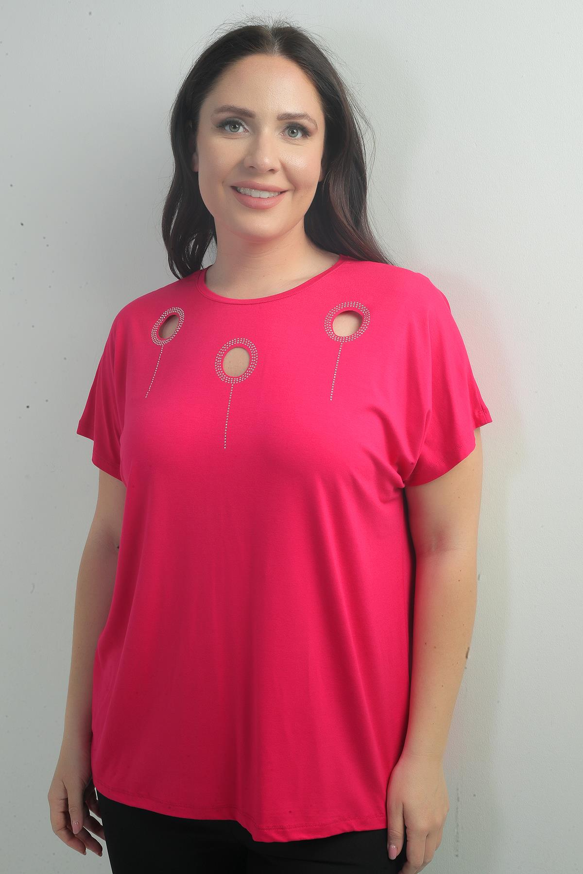 S-25Y0270010Kadın Omuzu Taş Baskılı Bisiklet Yaka Yarasa Kol B.B. Bluz