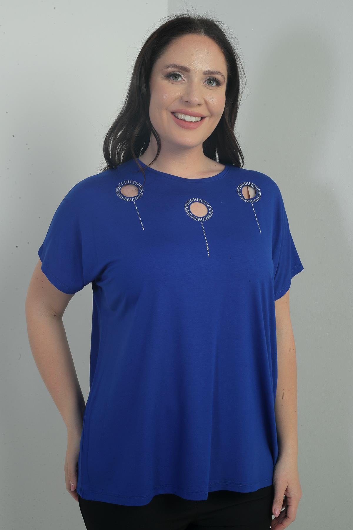 S-25Y0270010Kadın Omuzu Taş Baskılı Bisiklet Yaka Yarasa Kol B.B. Bluz