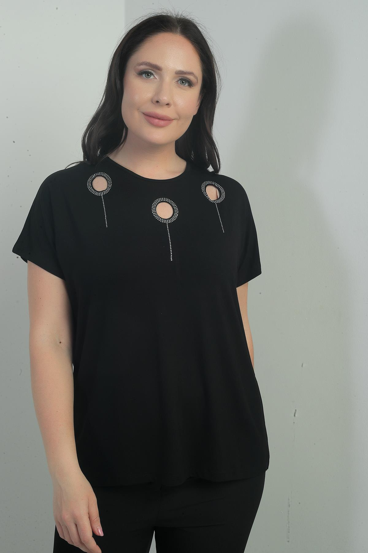 S-25Y0270010Kadın Omuzu Taş Baskılı Bisiklet Yaka Yarasa Kol B.B. Bluz