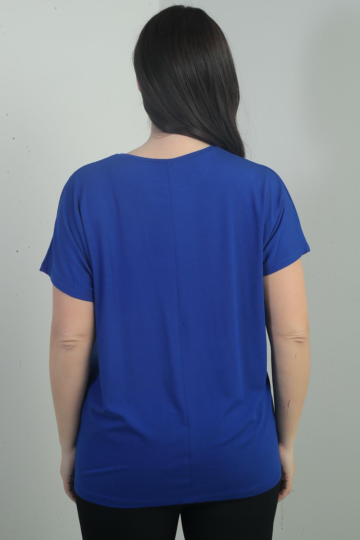 S-25Y0270010Kadın Omuzu Taş Baskılı Bisiklet Yaka Yarasa Kol B.B. Bluz