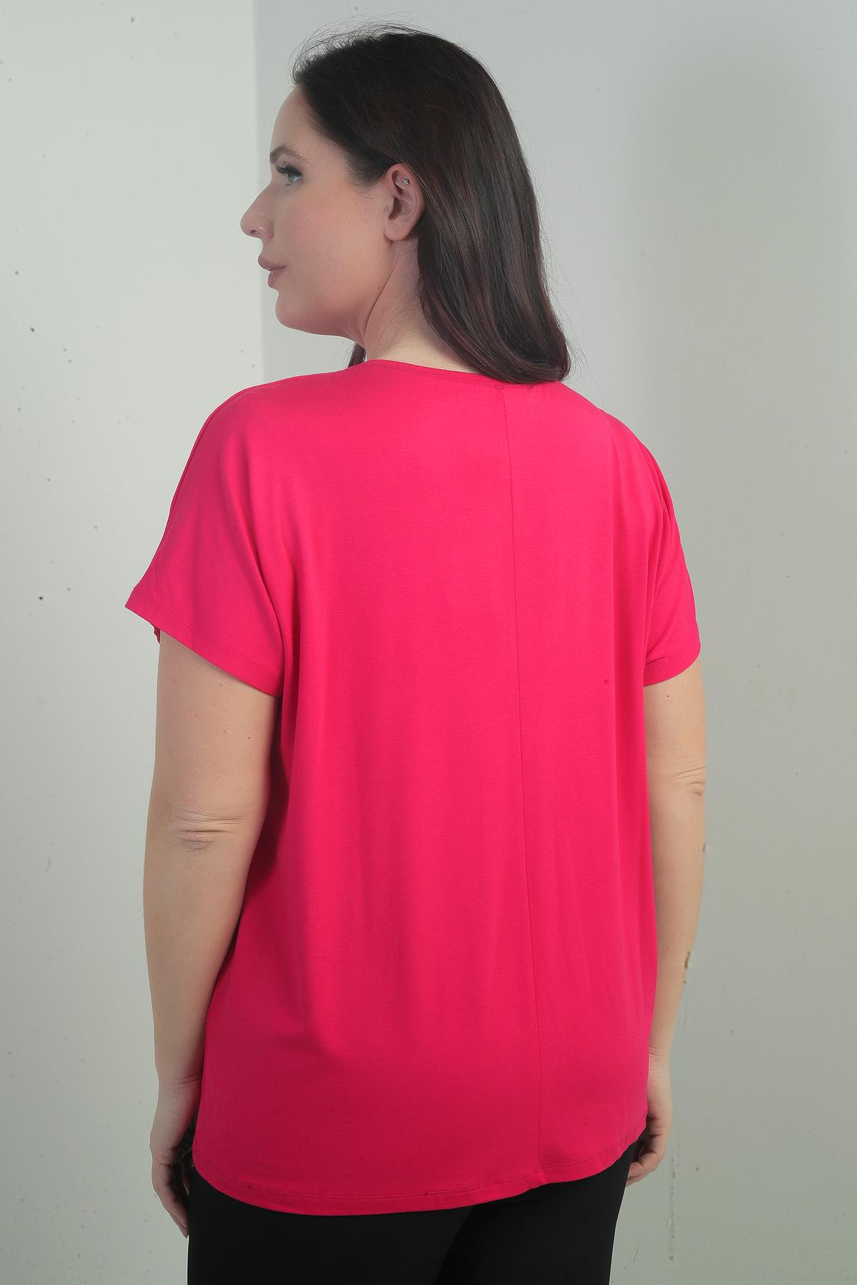 S-25Y0270010Kadın Omuzu Taş Baskılı Bisiklet Yaka Yarasa Kol B.B. Bluz