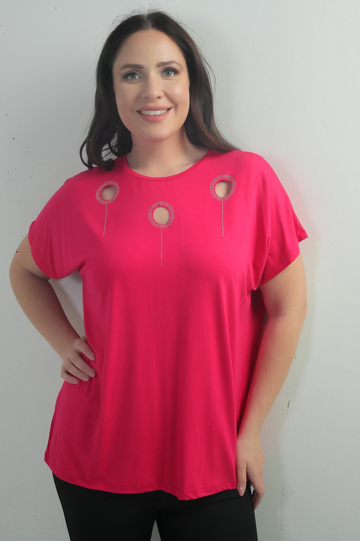 S-25Y0270010Kadın Omuzu Taş Baskılı Bisiklet Yaka Yarasa Kol B.B. Bluz