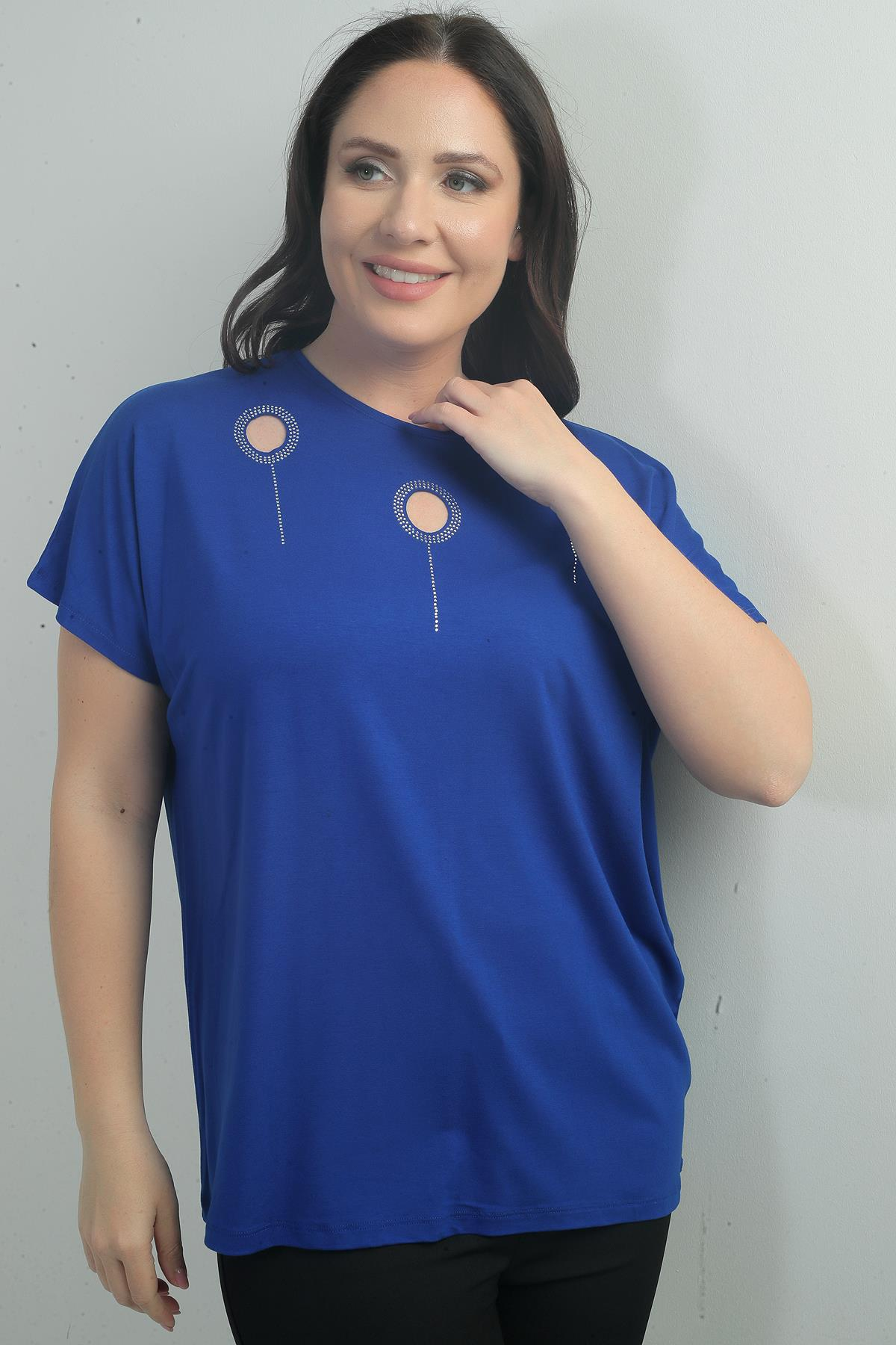 S-25Y0270010Kadın Omuzu Taş Baskılı Bisiklet Yaka Yarasa Kol B.B. Bluz