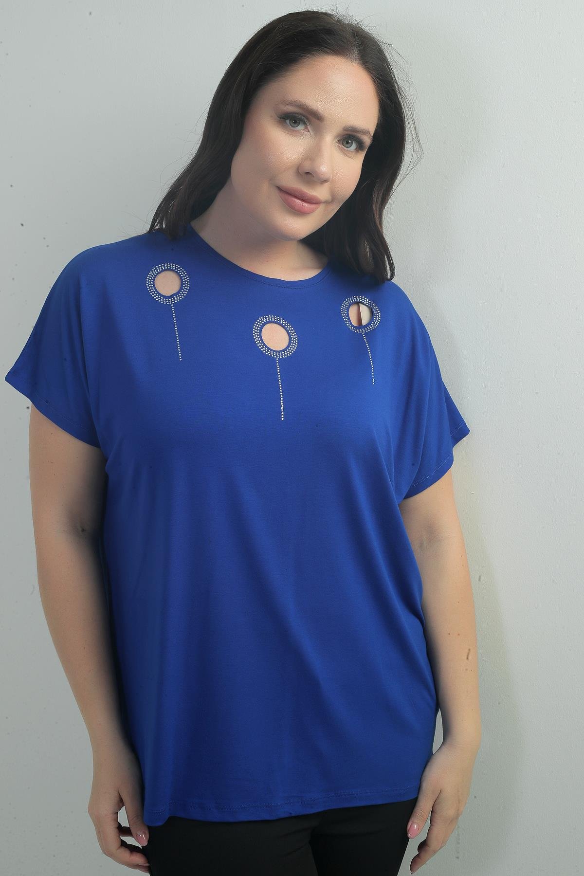 S-25Y0270010Kadın Omuzu Taş Baskılı Bisiklet Yaka Yarasa Kol B.B. Bluz