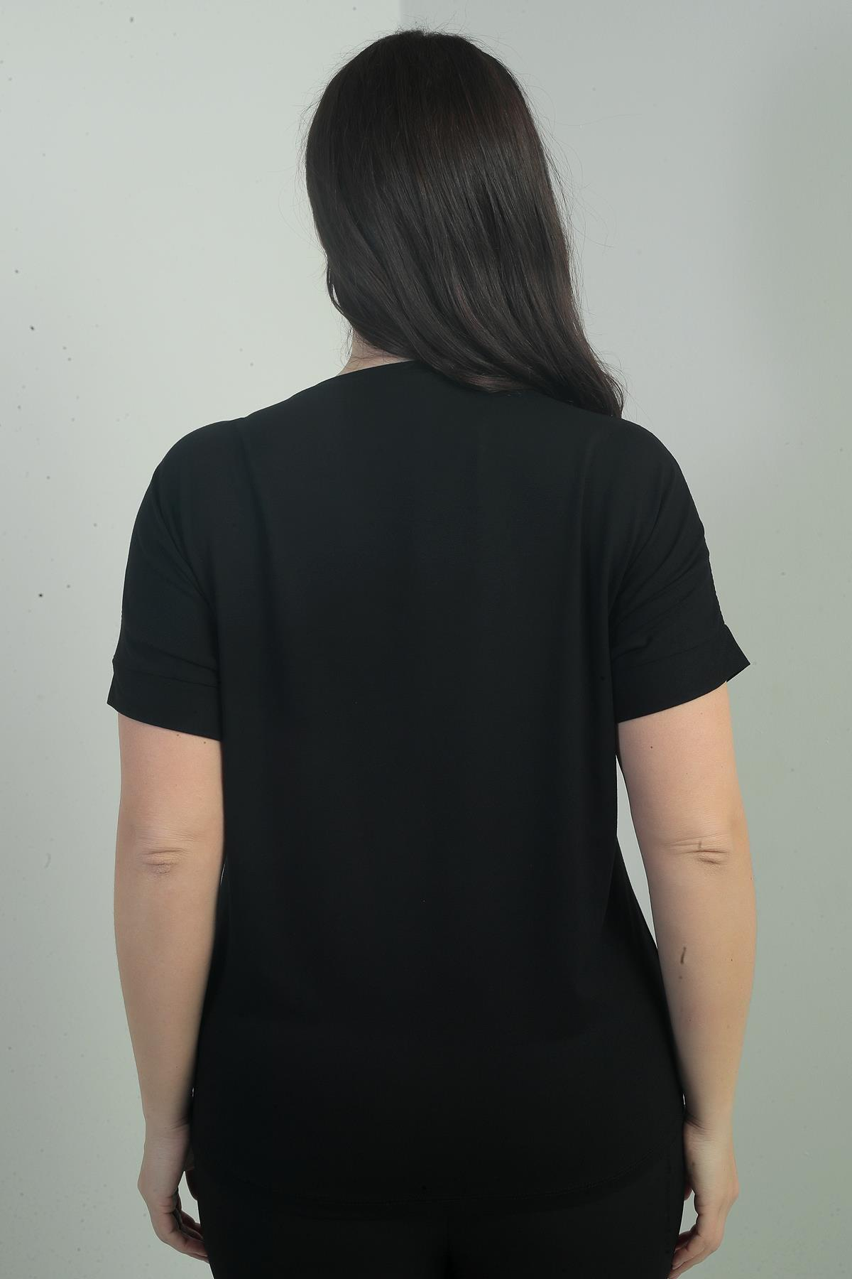 S-25Y0270017Kadın V Yaka Omuzu Fileli Pullu Büyük Beden Likralı Bluz