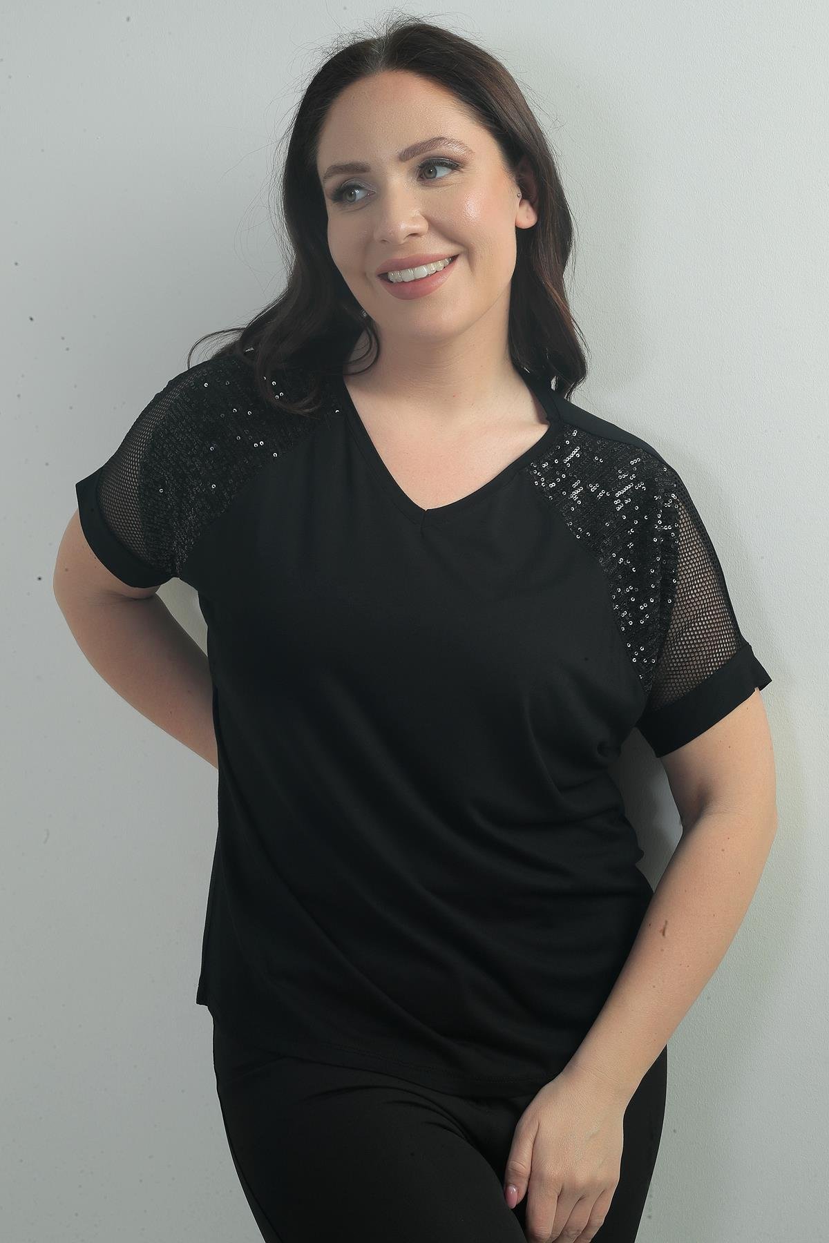 S-25Y0270017Kadın V Yaka Omuzu Fileli Pullu Büyük Beden Likralı Bluz