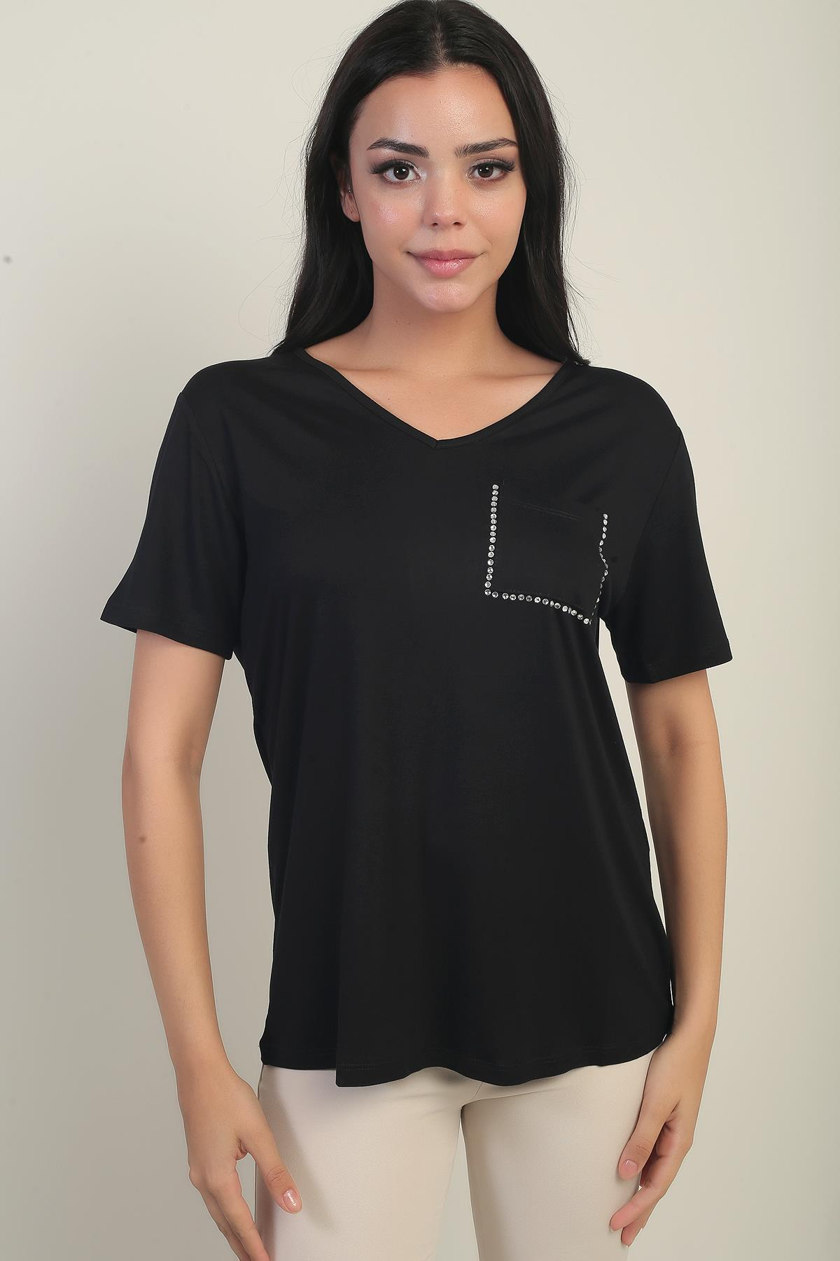 S-25Y0270019Kadın V Yaka Omuz Ve Cebi Taşlı Likralı Bluz