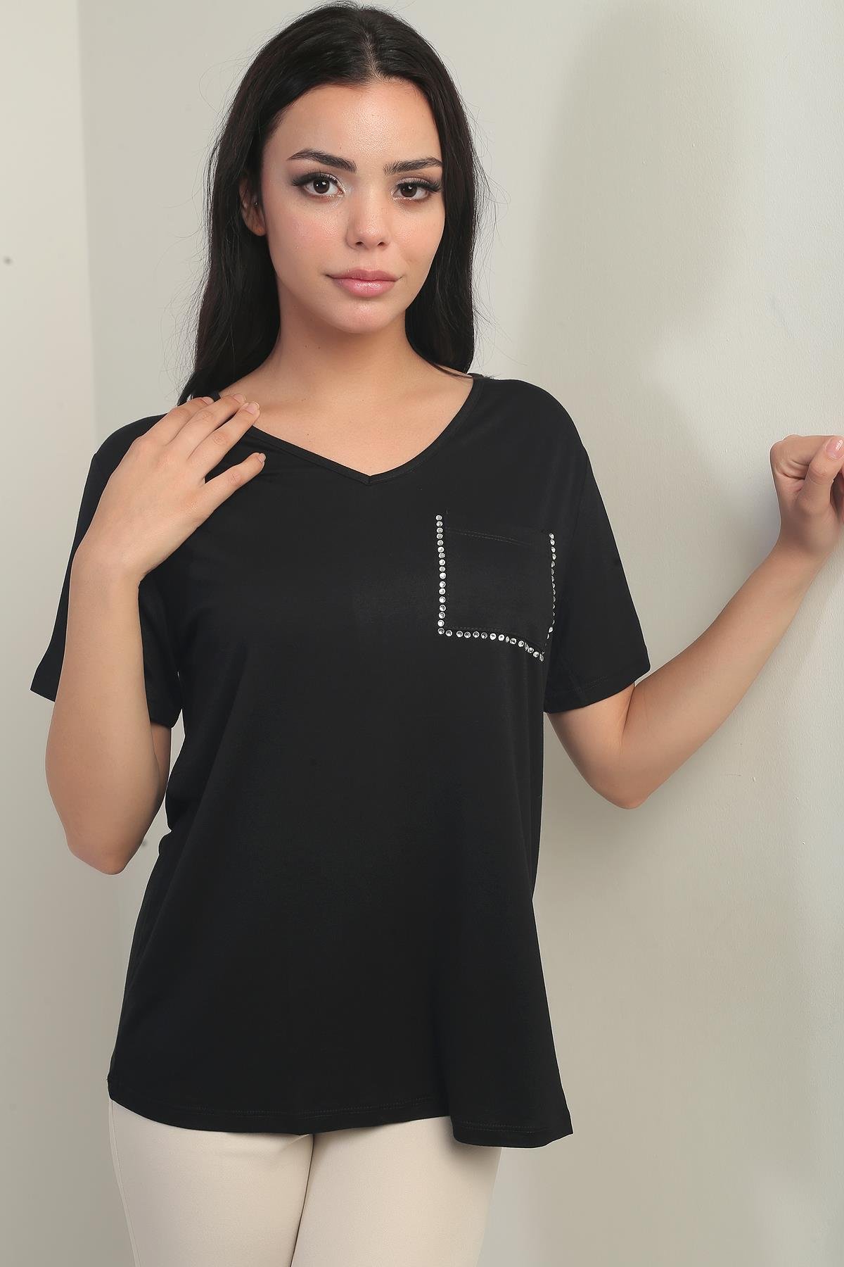 S-25Y0270019Kadın V Yaka Omuz Ve Cebi Taşlı Likralı Bluz