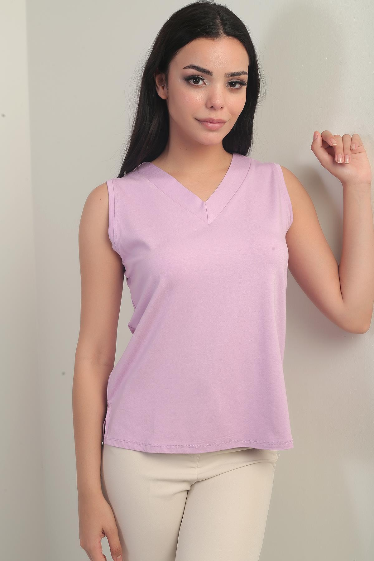 S-25Y0270021Kadın V Yaka Kolsuz Likralı Bluz