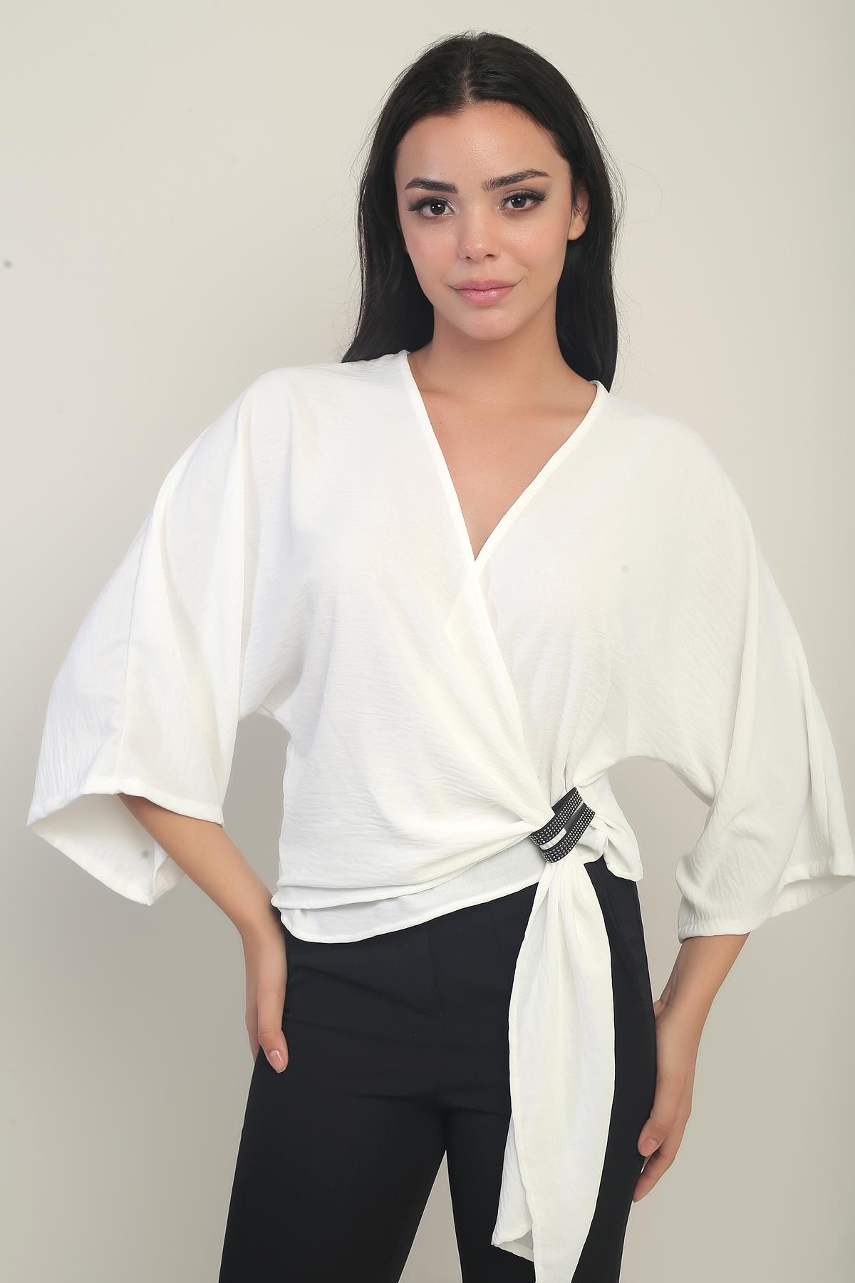 S-25Y0270023Kadın Kruvaze Yaka Kısa Ayrobin Bluz