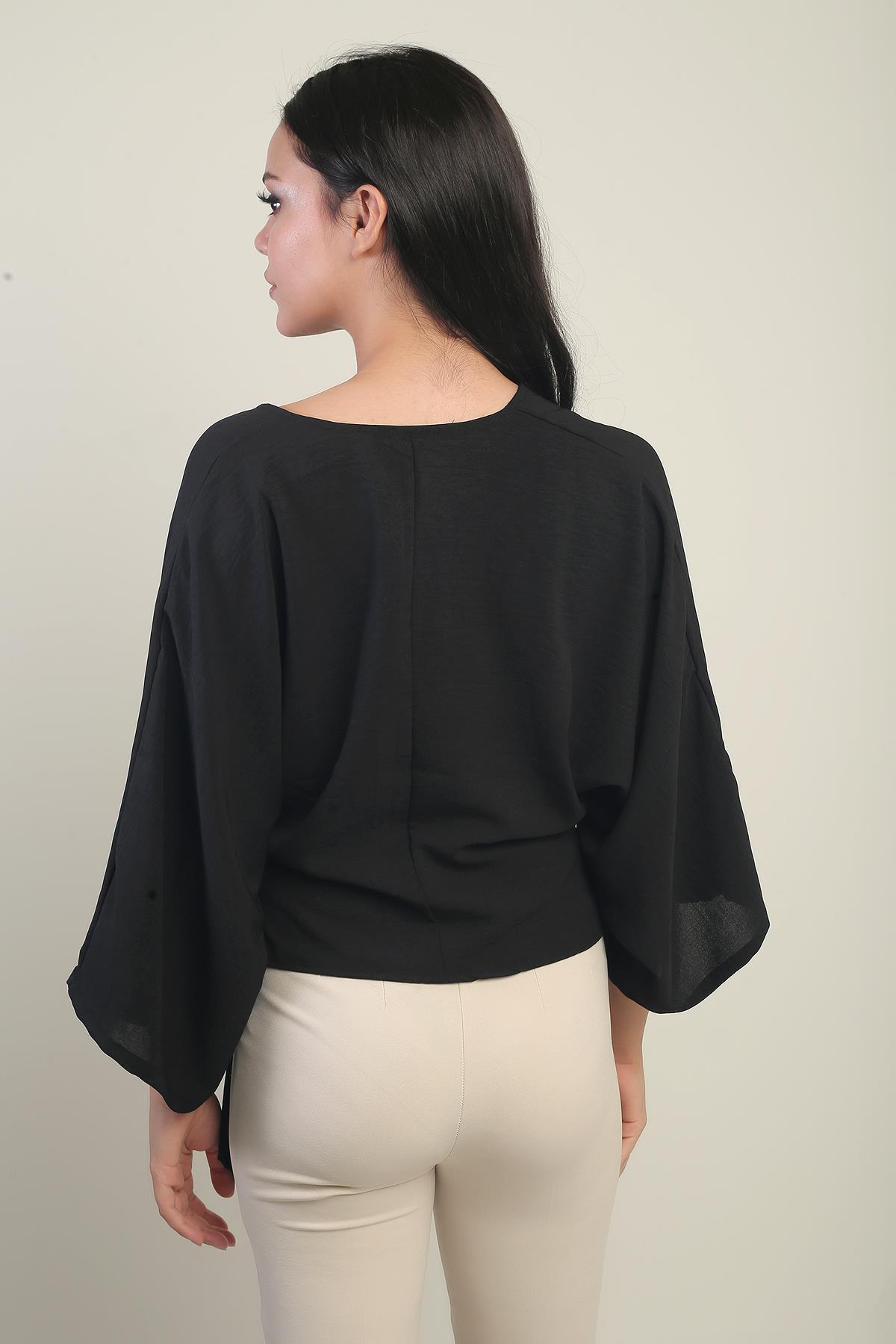 S-25Y0270023Kadın Kruvaze Yaka Kısa Ayrobin Bluz