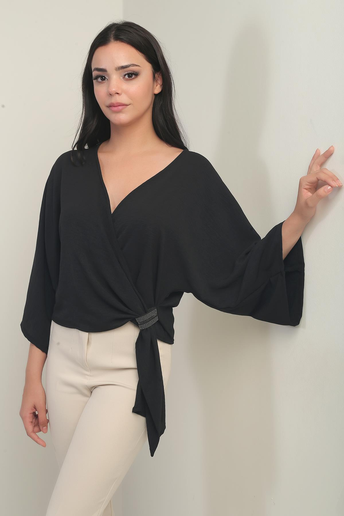 S-25Y0270023Kadın Kruvaze Yaka Kısa Ayrobin Bluz