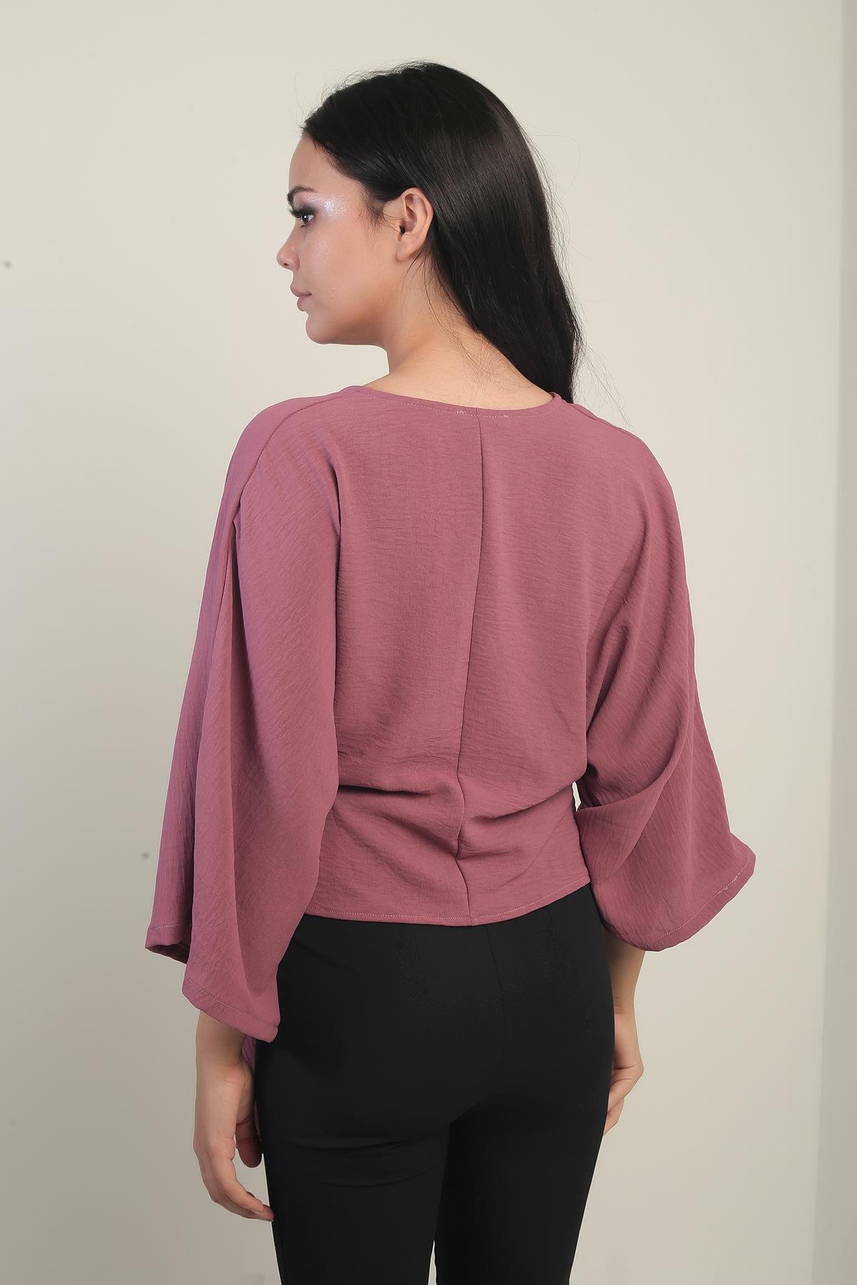 S-25Y0270023Kadın Kruvaze Yaka Kısa Ayrobin Bluz