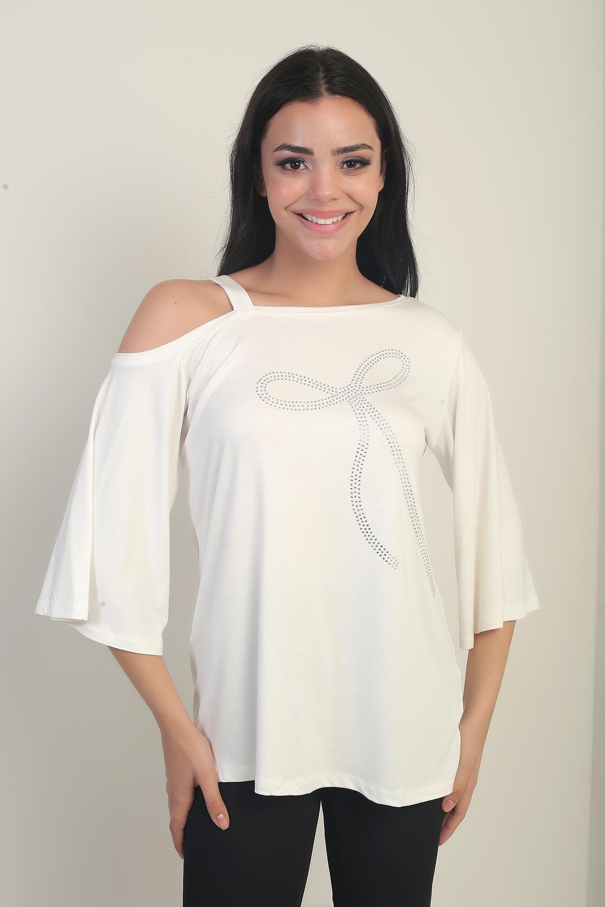 S-25Y0270025Kadın Tek Omuzlu Fiyonk Taş Baskılı Likralı Bluz