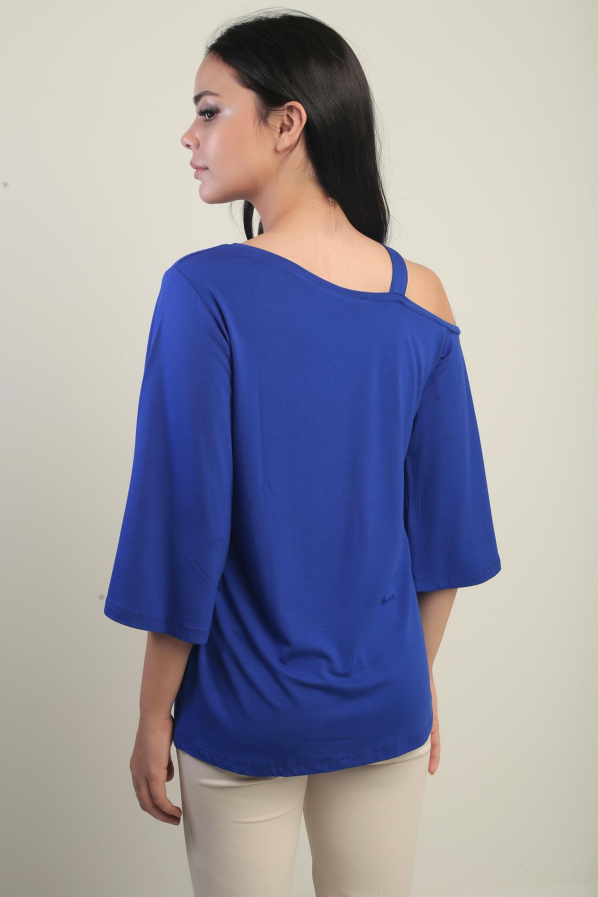 S-25Y0270025Kadın Tek Omuzlu Fiyonk Taş Baskılı Likralı Bluz