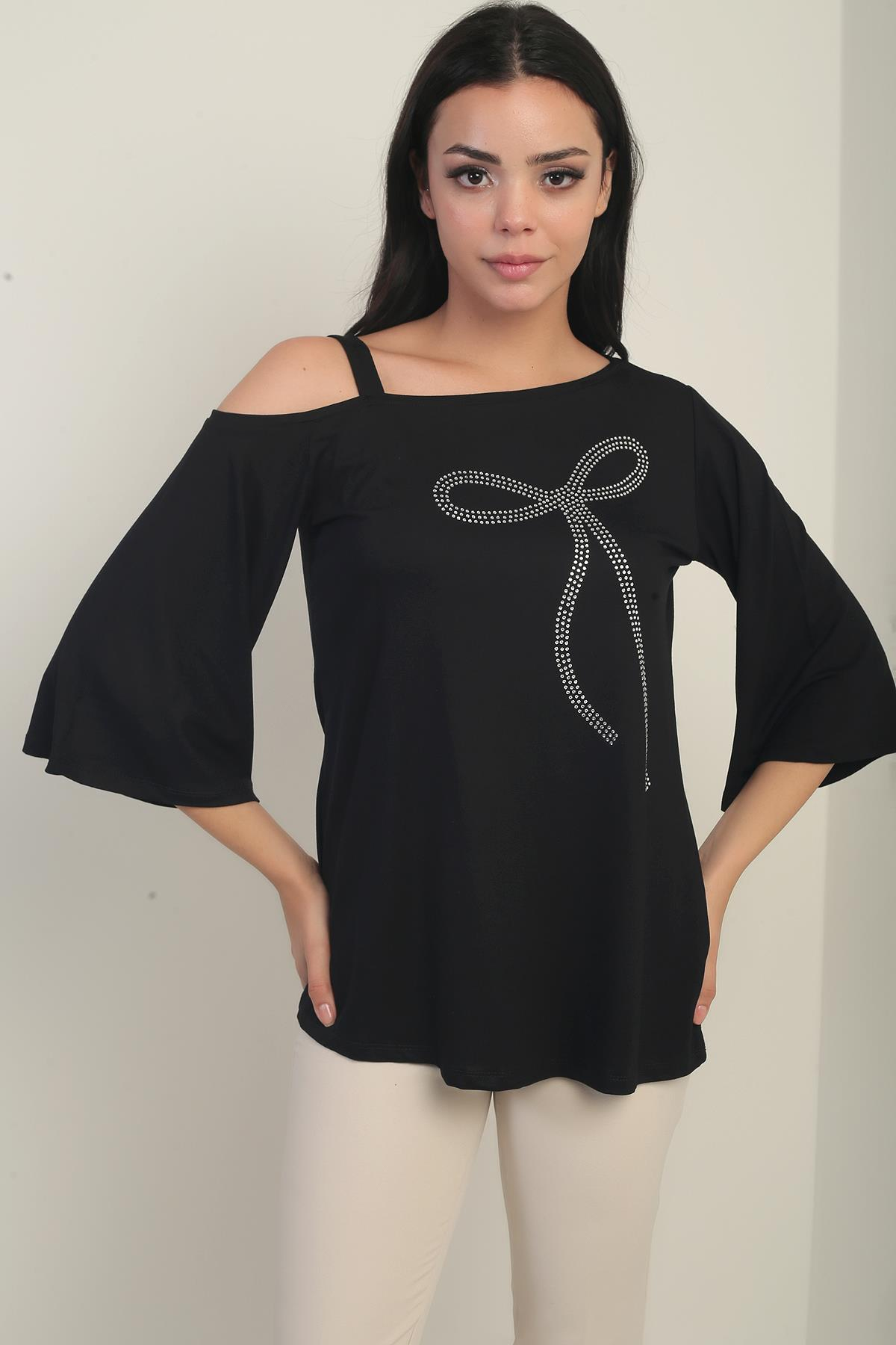 S-25Y0270025Kadın Tek Omuzlu Fiyonk Taş Baskılı Likralı Bluz