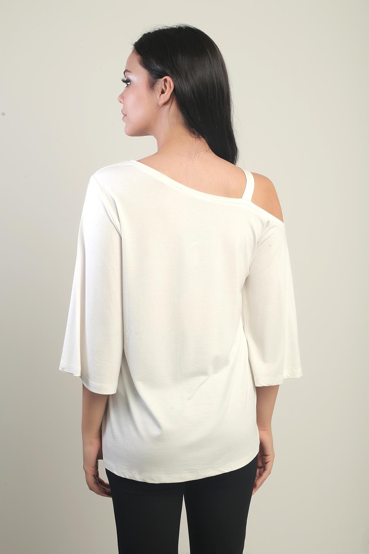 S-25Y0270025Kadın Tek Omuzlu Fiyonk Taş Baskılı Likralı Bluz