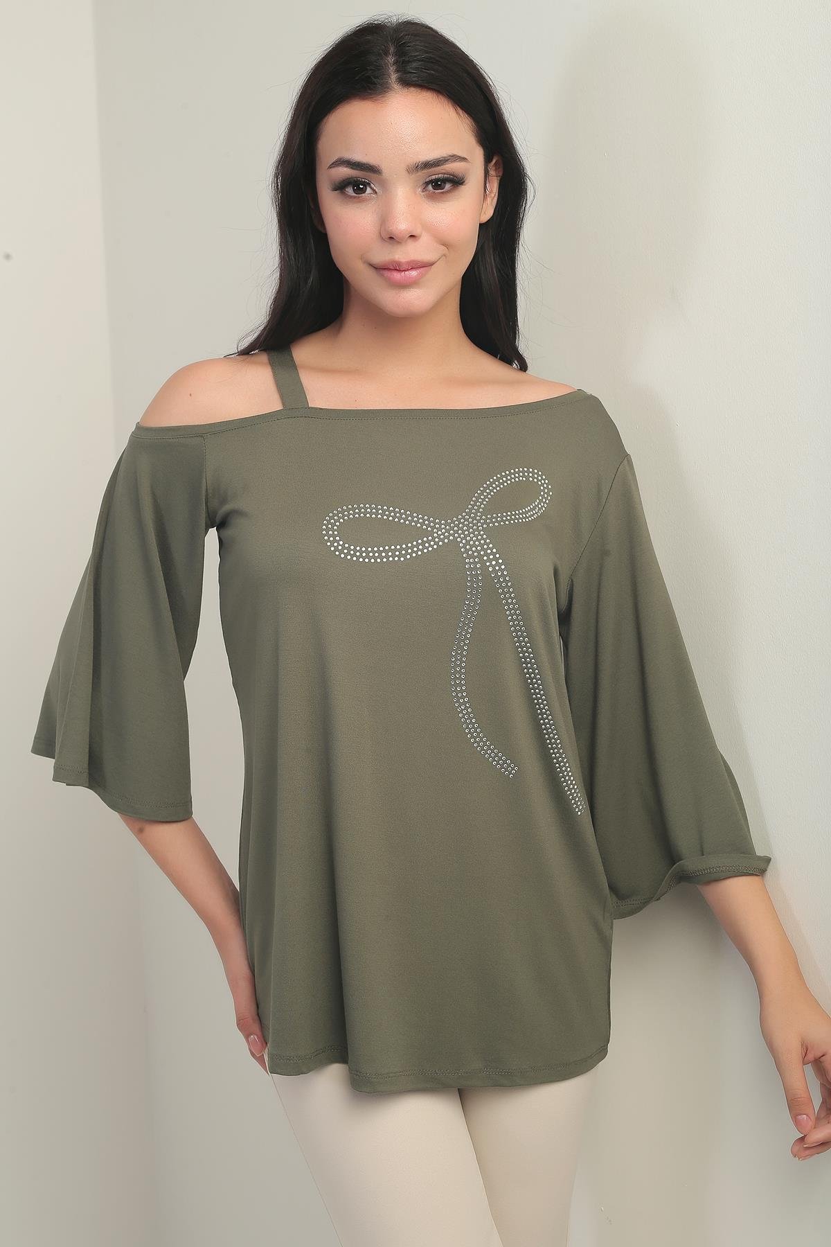 S-25Y0270025Kadın Tek Omuzlu Fiyonk Taş Baskılı Likralı Bluz