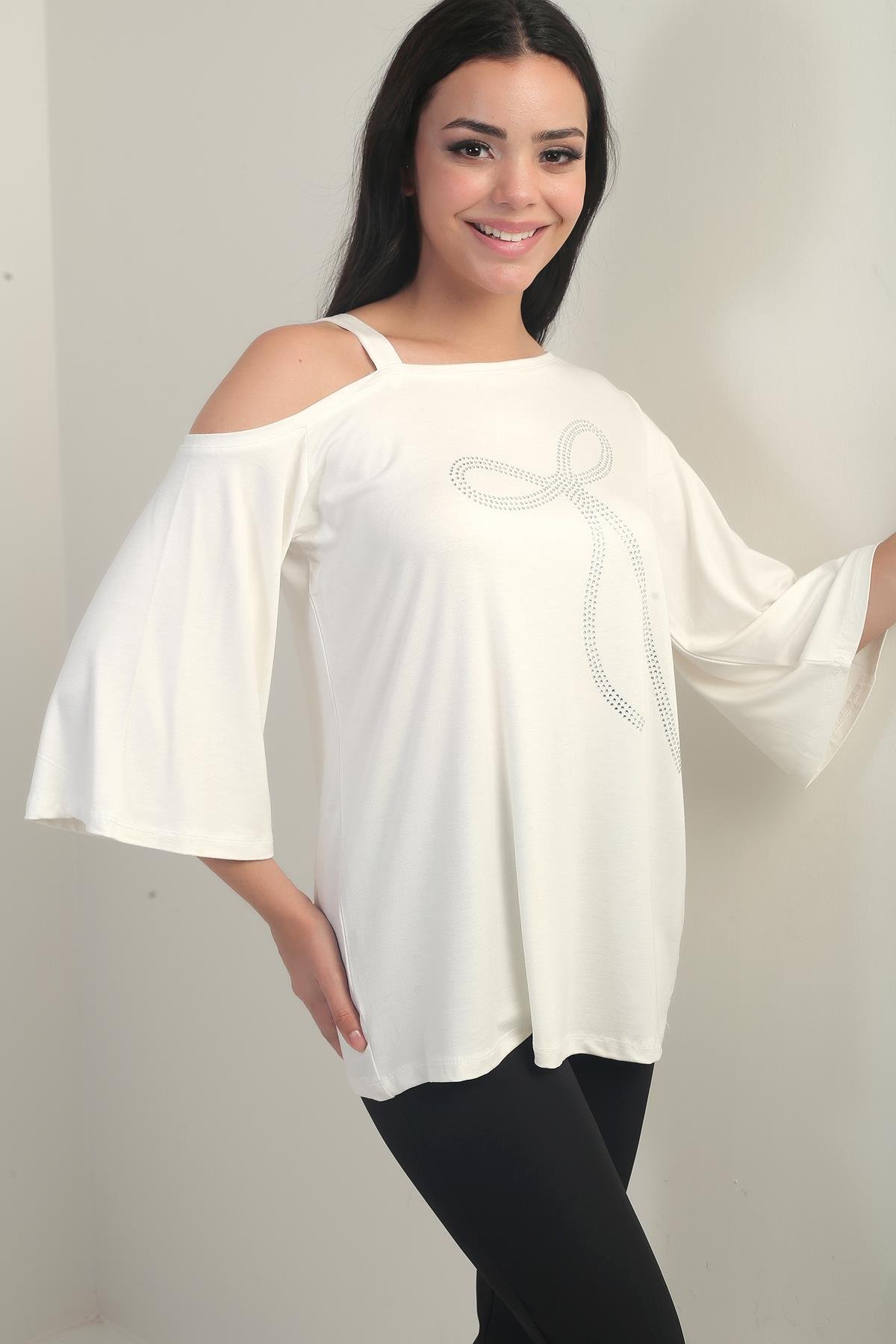 S-25Y0270025Kadın Tek Omuzlu Fiyonk Taş Baskılı Likralı Bluz