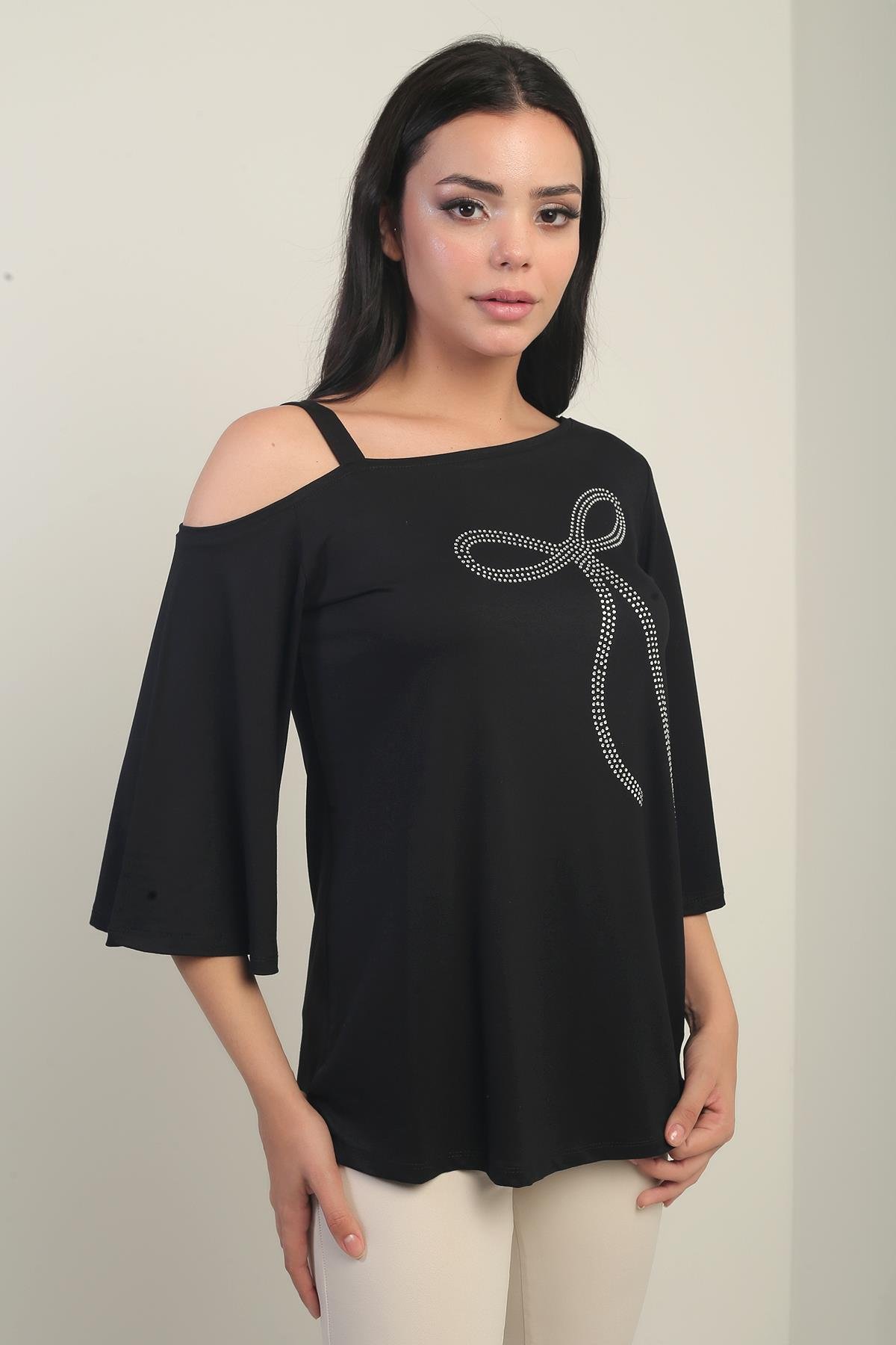 S-25Y0270025Kadın Tek Omuzlu Fiyonk Taş Baskılı Likralı Bluz