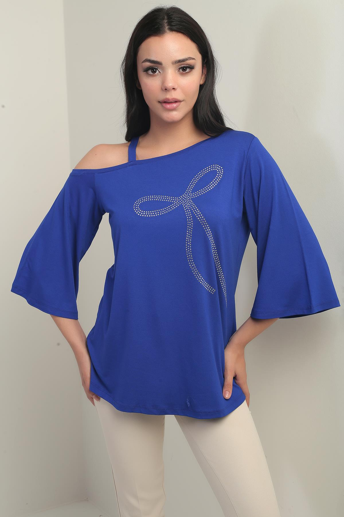 S-25Y0270025Kadın Tek Omuzlu Fiyonk Taş Baskılı Likralı Bluz