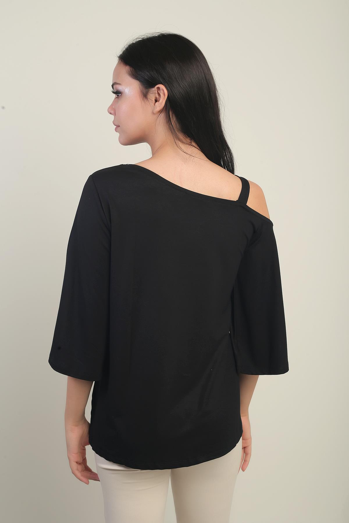 S-25Y0270025Kadın Tek Omuzlu Fiyonk Taş Baskılı Likralı Bluz