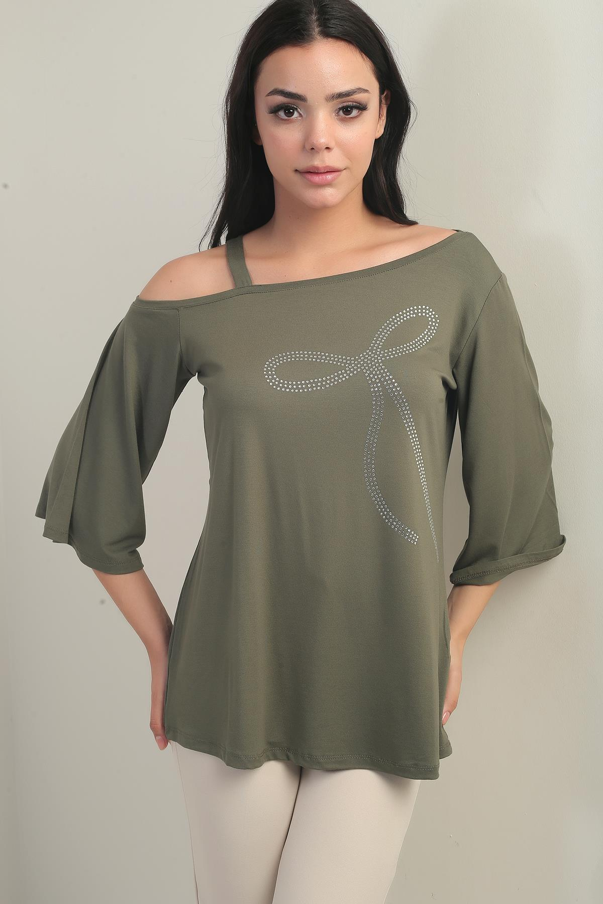 S-25Y0270025Kadın Tek Omuzlu Fiyonk Taş Baskılı Likralı Bluz
