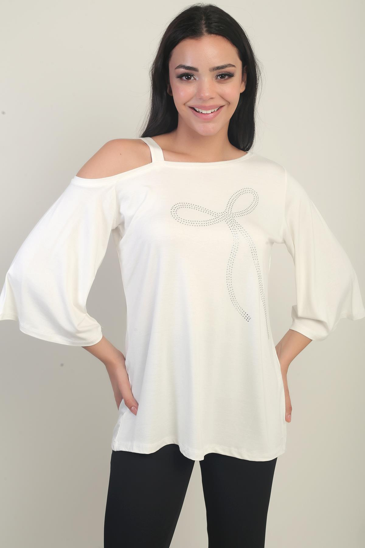 S-25Y0270025Kadın Tek Omuzlu Fiyonk Taş Baskılı Likralı Bluz