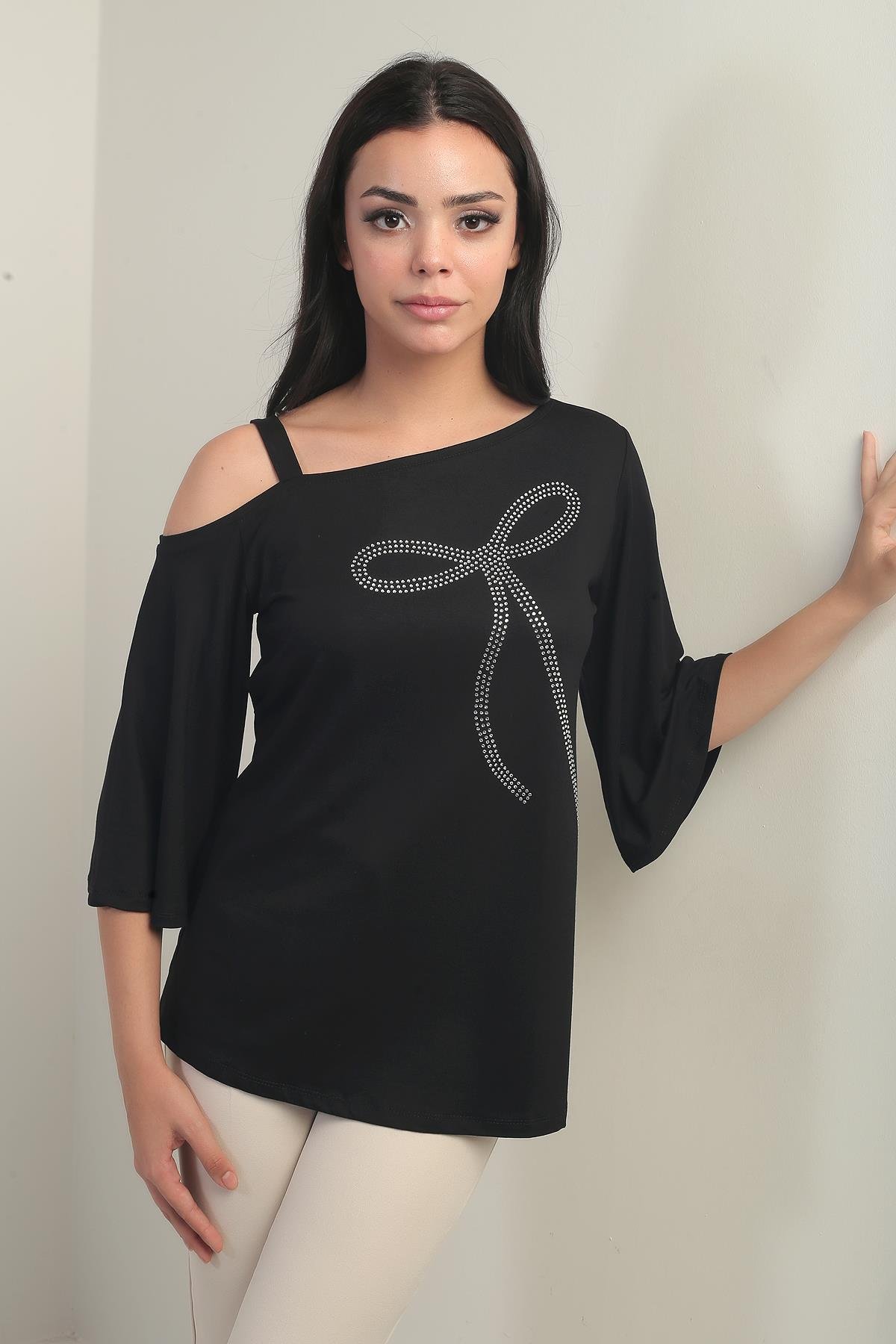 S-25Y0270025Kadın Tek Omuzlu Fiyonk Taş Baskılı Likralı Bluz