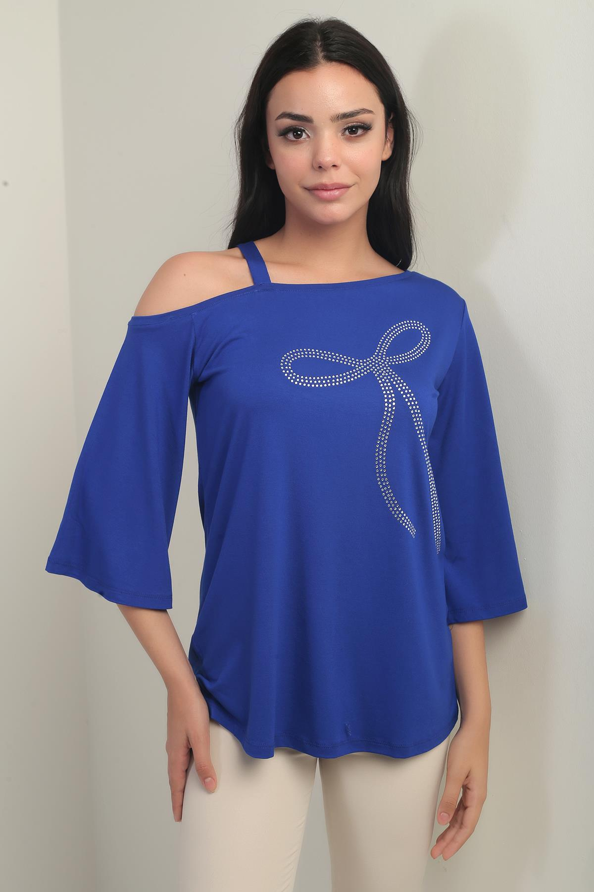 S-25Y0270025Kadın Tek Omuzlu Fiyonk Taş Baskılı Likralı Bluz