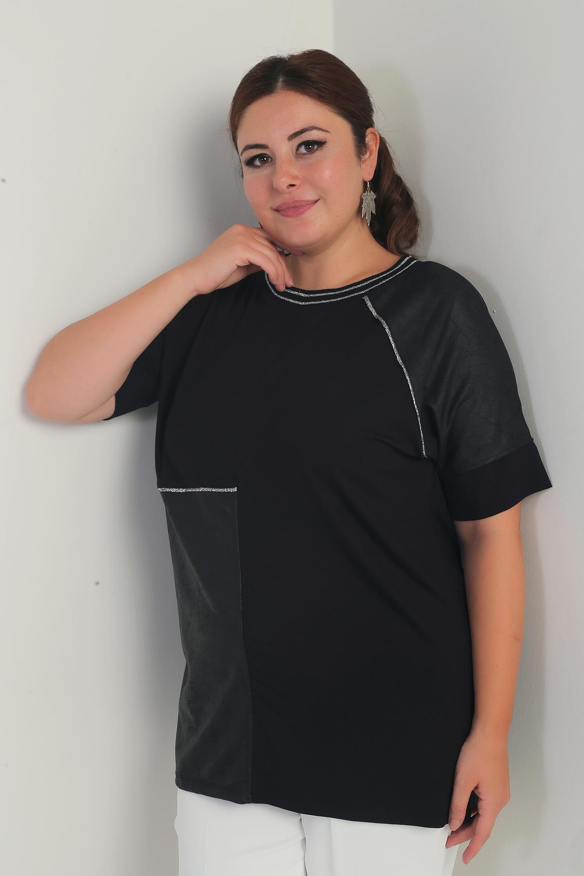 S-25Y0270027Kadın Deri Garnili Sim Detaylı Likralı Büyük Beden Bluz