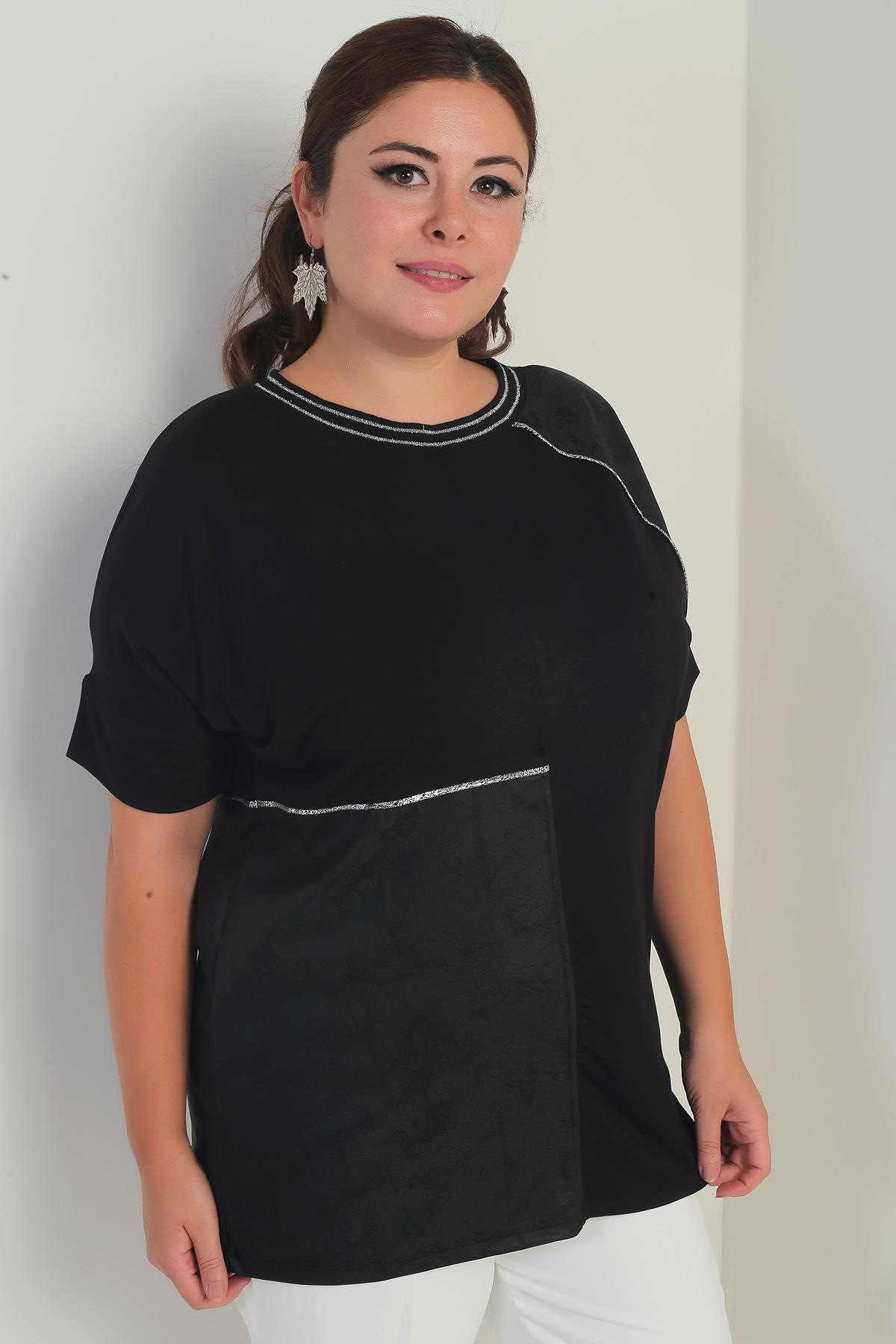 S-25Y0270027Kadın Deri Garnili Sim Detaylı Likralı Büyük Beden Bluz