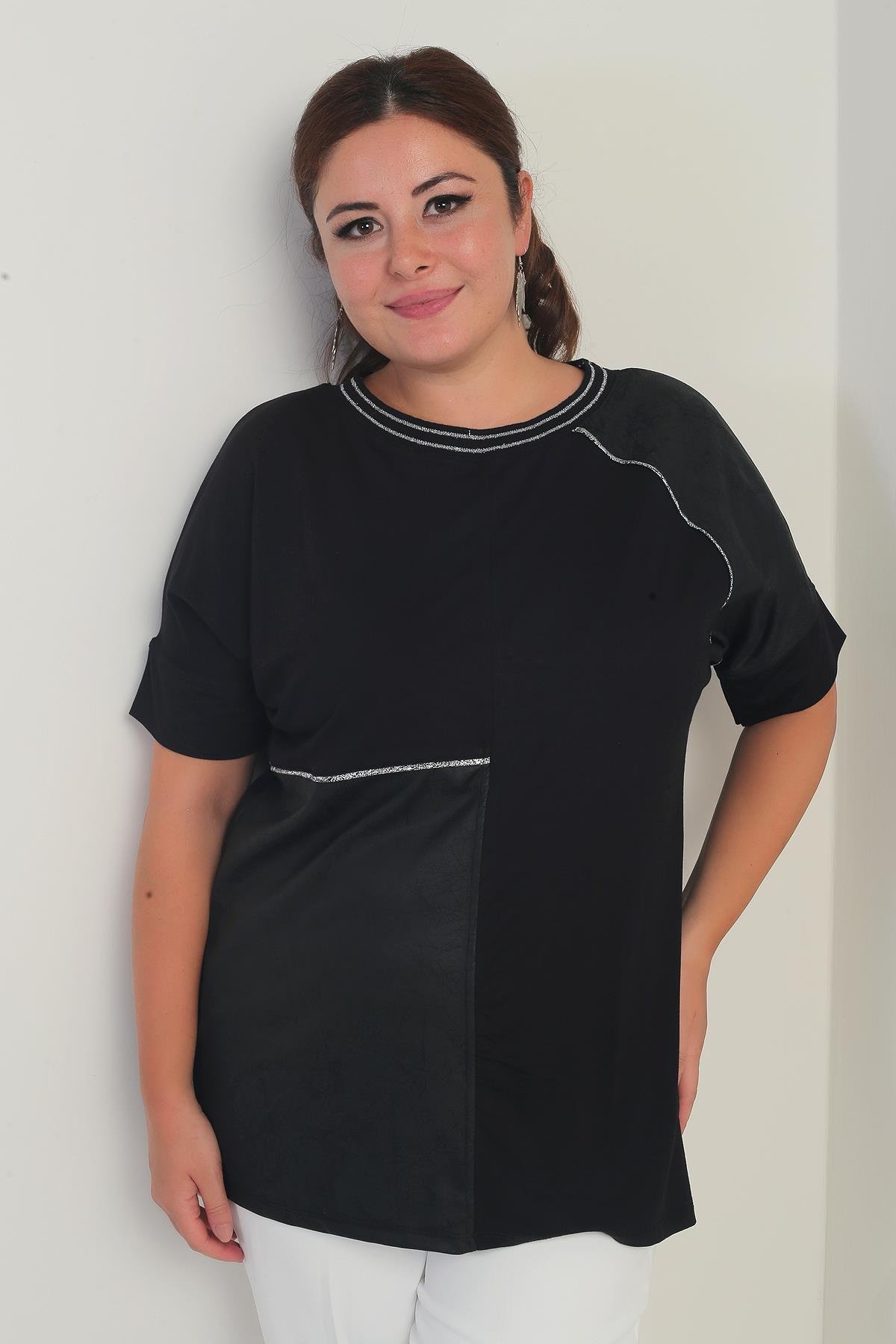 S-25Y0270027Kadın Deri Garnili Sim Detaylı Likralı Büyük Beden Bluz