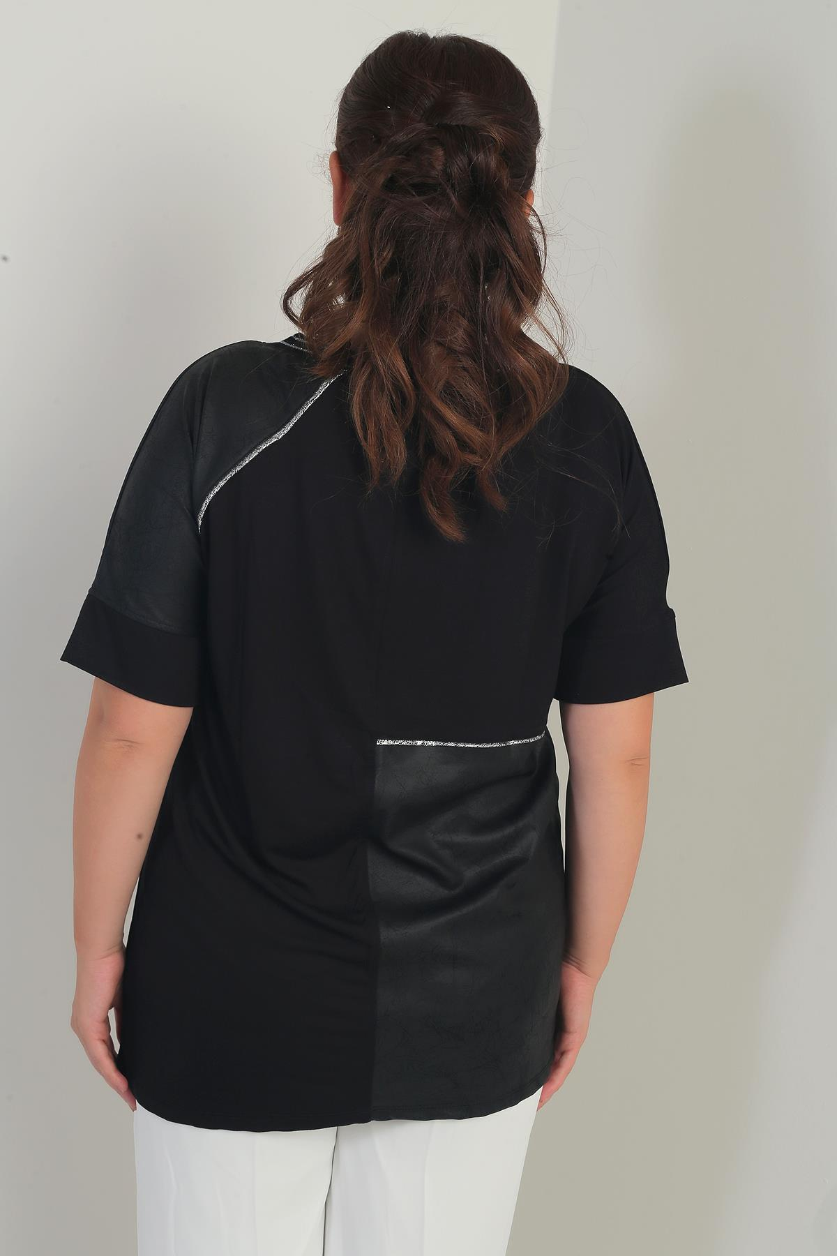 S-25Y0270027Kadın Deri Garnili Sim Detaylı Likralı Büyük Beden Bluz