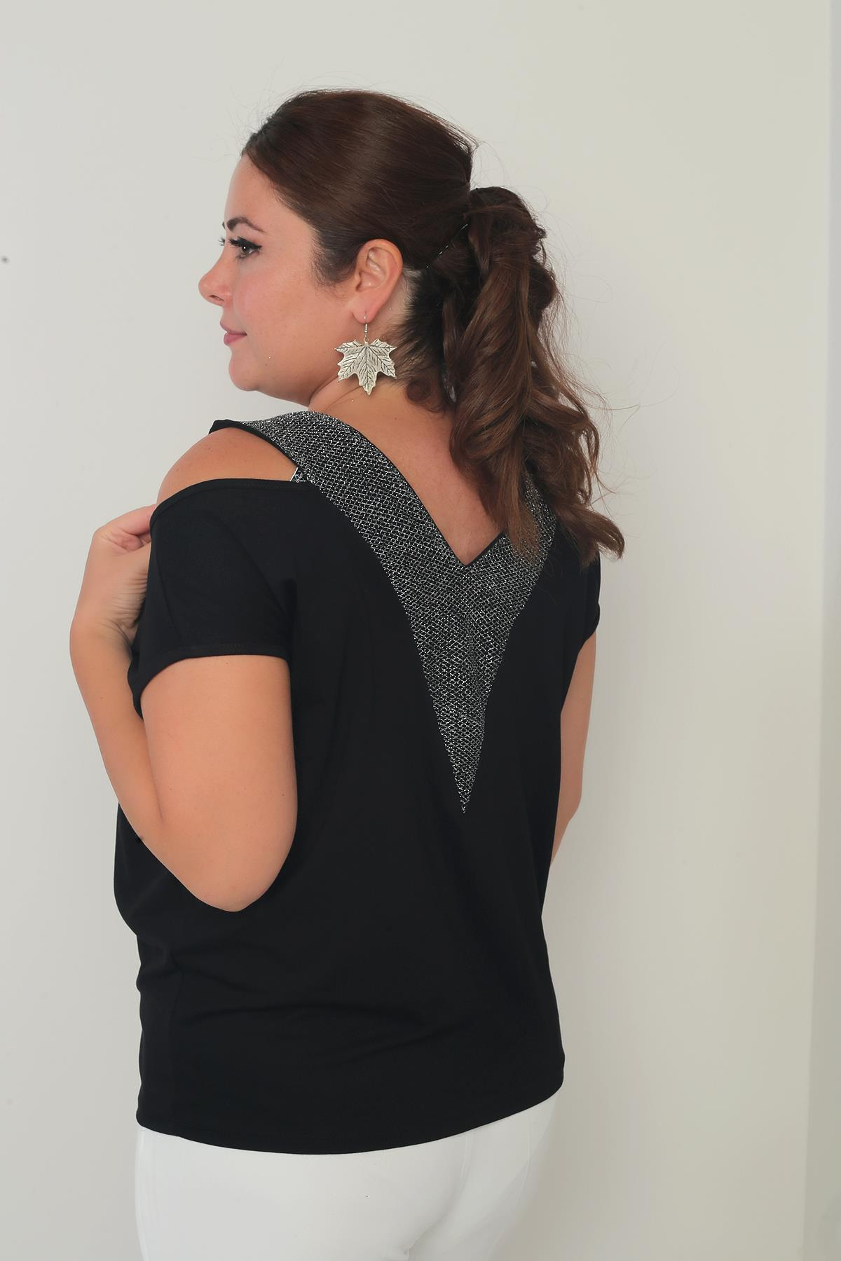 S-25Y0270029Kadın Ön Arka V Fileli Omuz Dekolteli Likralı Büyük Beden Bluz