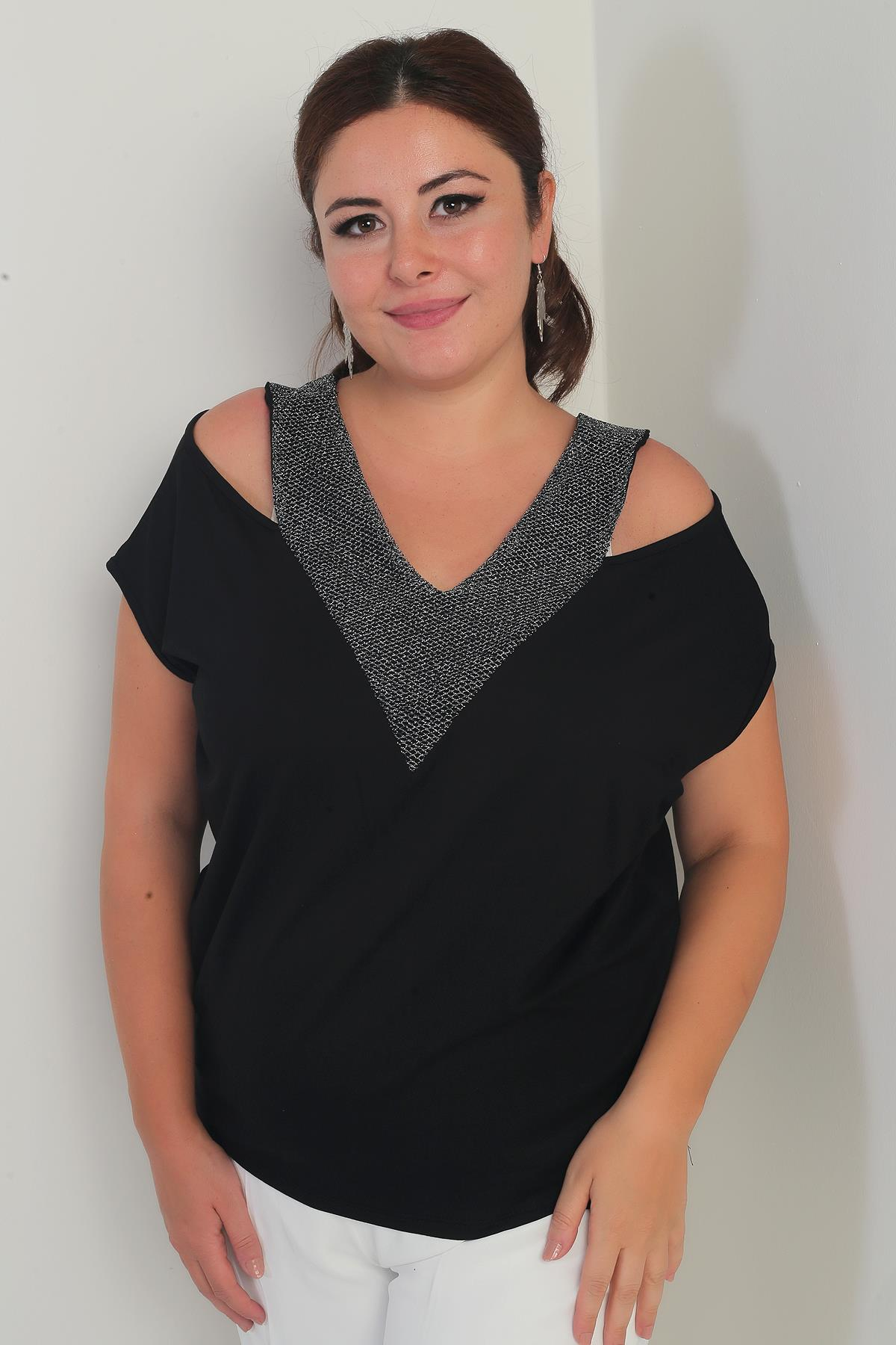 S-25Y0270029Kadın Ön Arka V Fileli Omuz Dekolteli Likralı Büyük Beden Bluz