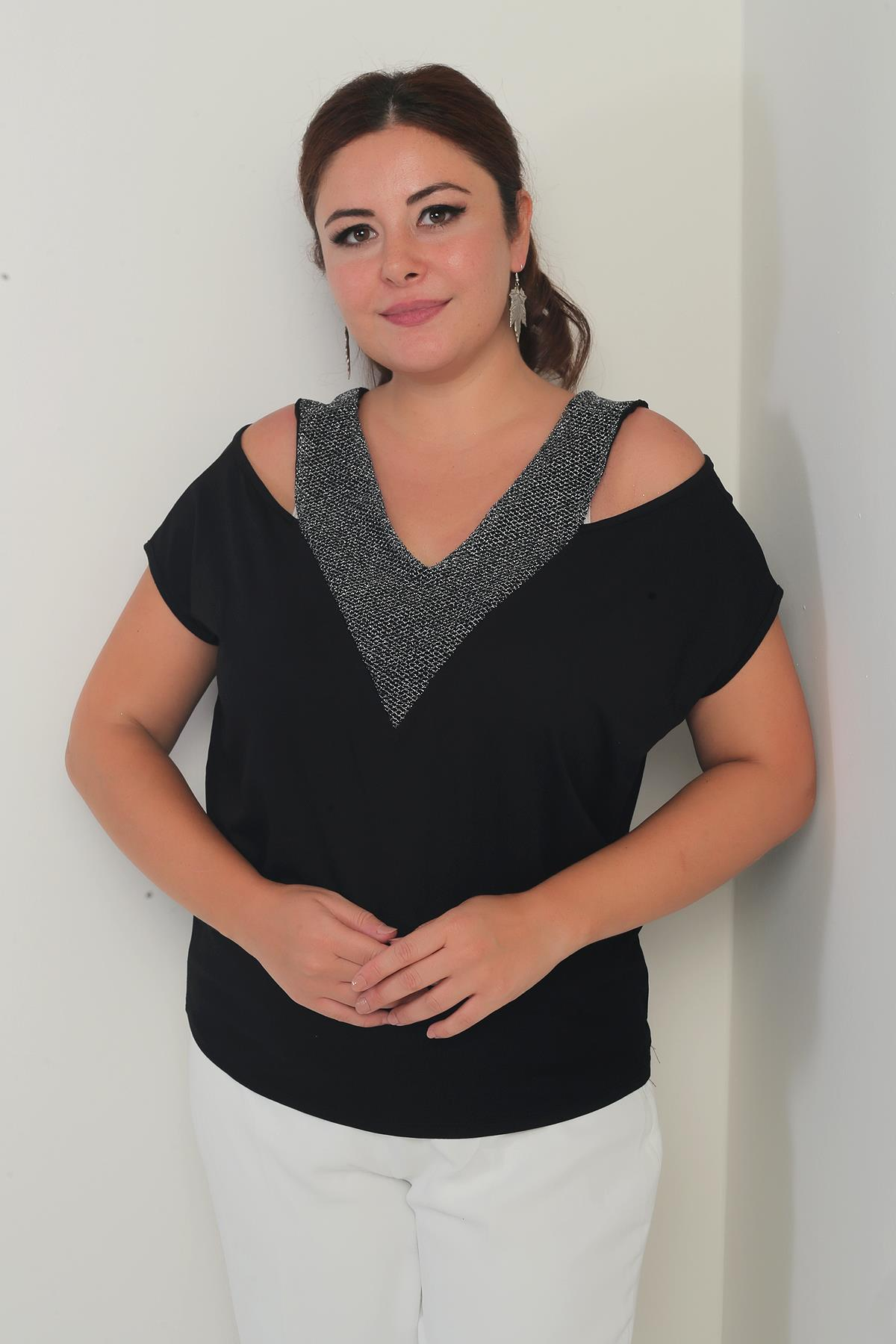 S-25Y0270029Kadın Ön Arka V Fileli Omuz Dekolteli Likralı Büyük Beden Bluz