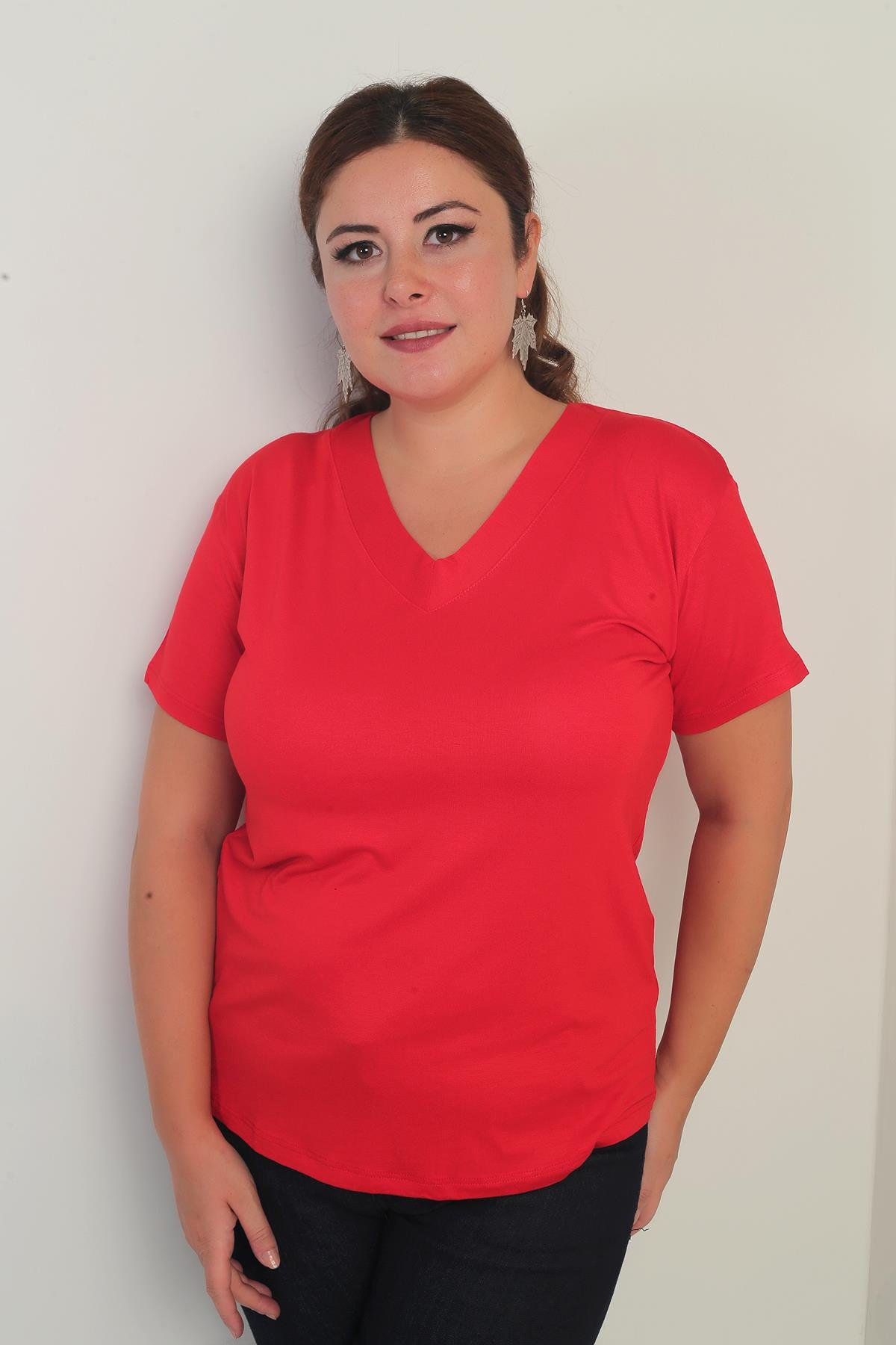 S-25Y0270032Kadın V Yaka Likralı Büyük Beden Bluz