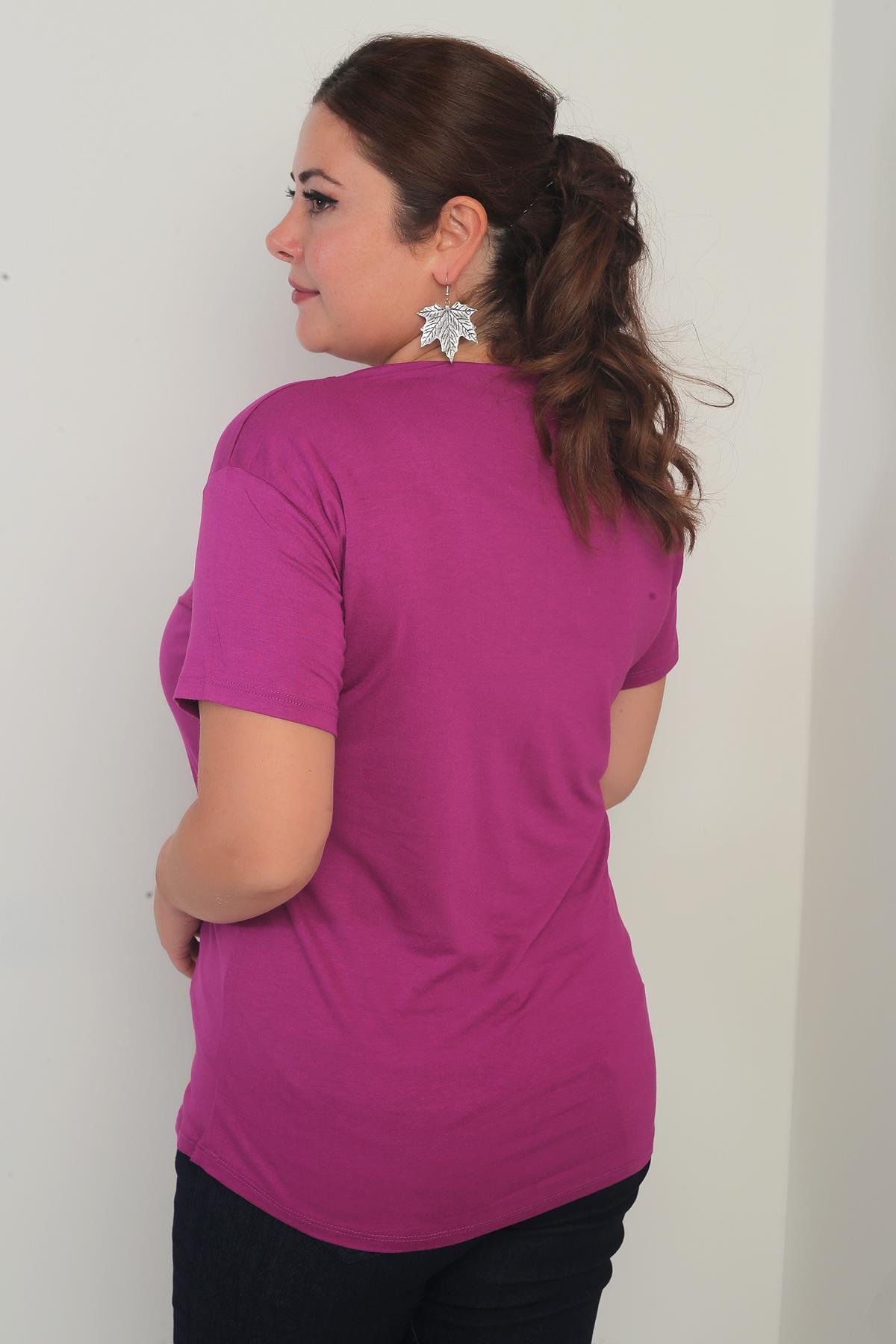 S-25Y0270032Kadın V Yaka Likralı Büyük Beden Bluz