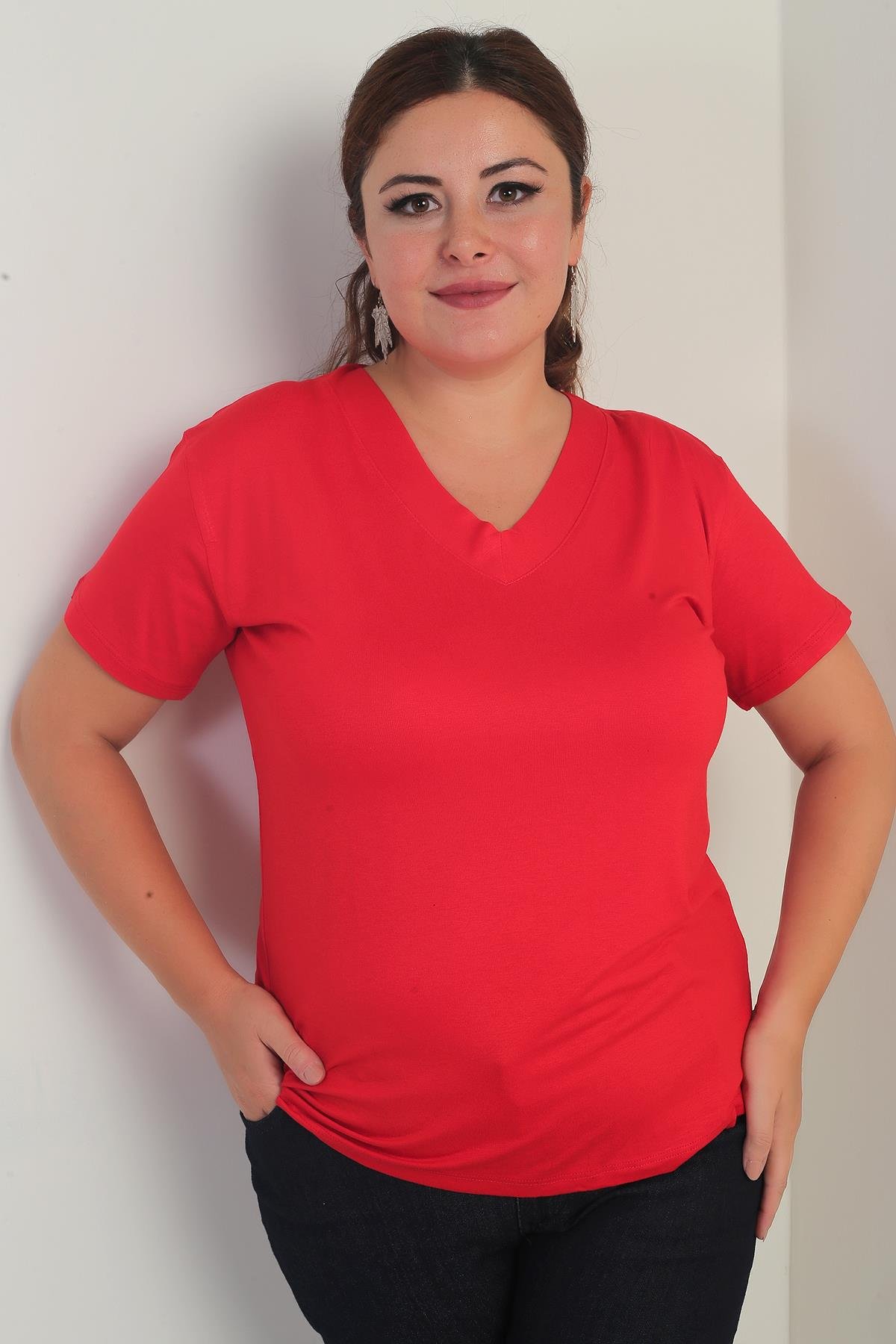 S-25Y0270032Kadın V Yaka Likralı Büyük Beden Bluz