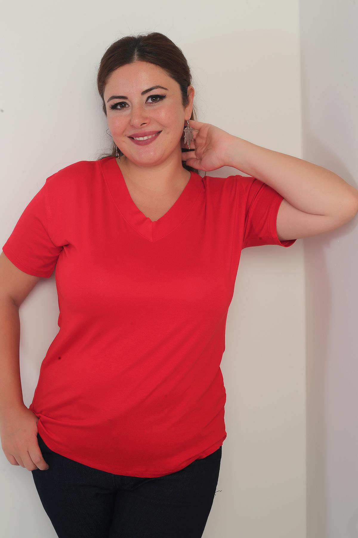 S-25Y0270032Kadın V Yaka Likralı Büyük Beden Bluz