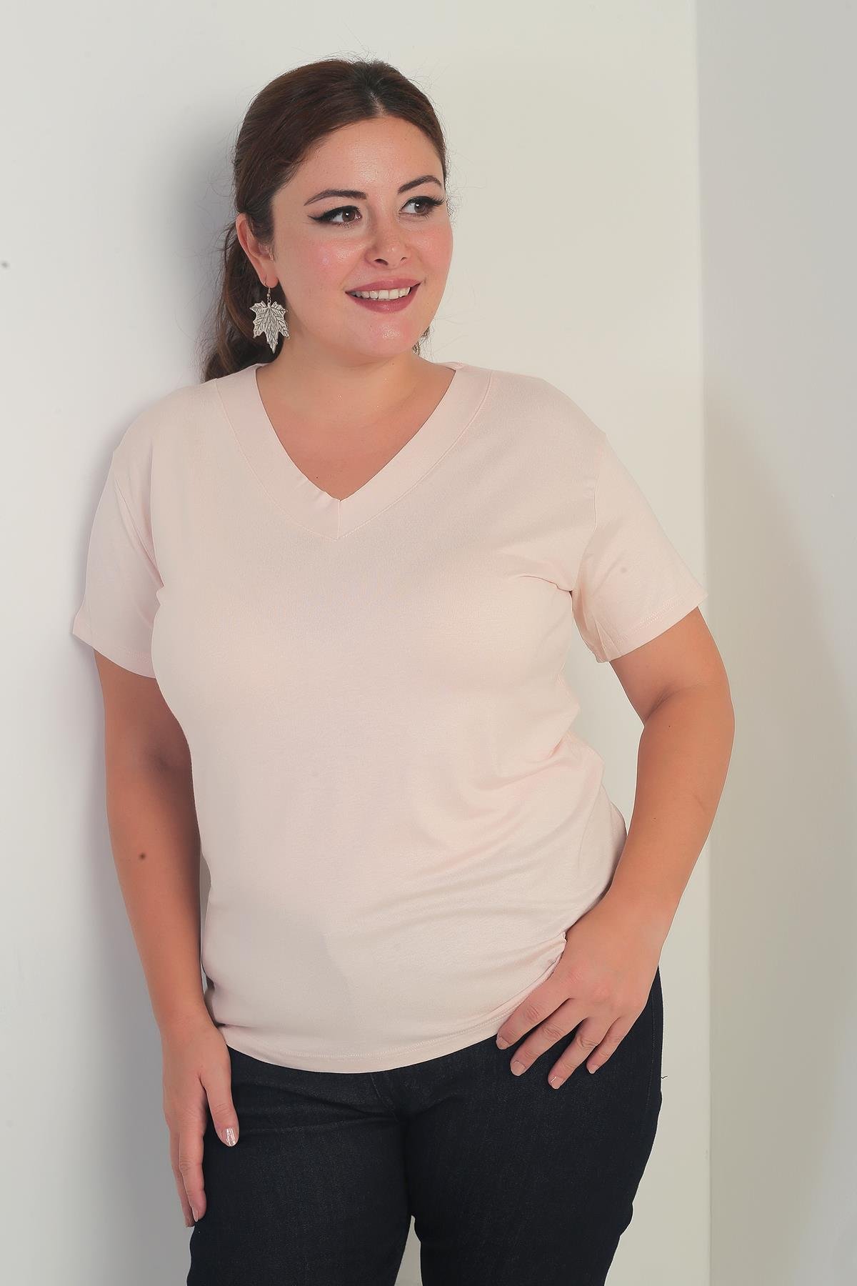 S-25Y0270032Kadın V Yaka Likralı Büyük Beden Bluz