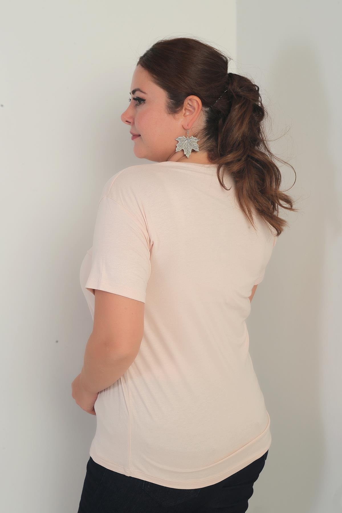 S-25Y0270032Kadın V Yaka Likralı Büyük Beden Bluz