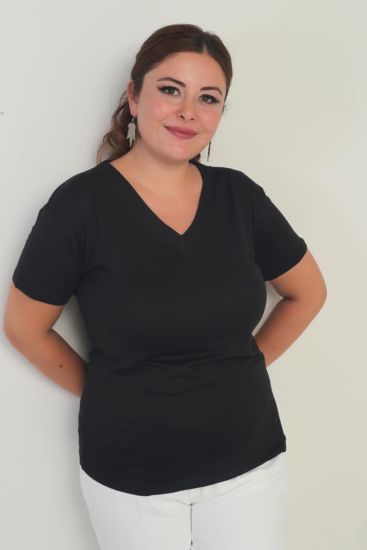 S-25Y0270032Kadın V Yaka Likralı Büyük Beden Bluz