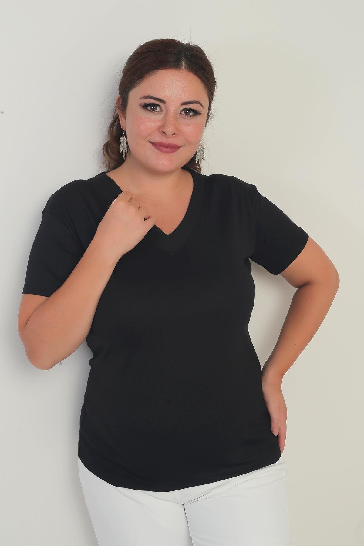 S-25Y0270032Kadın V Yaka Likralı Büyük Beden Bluz